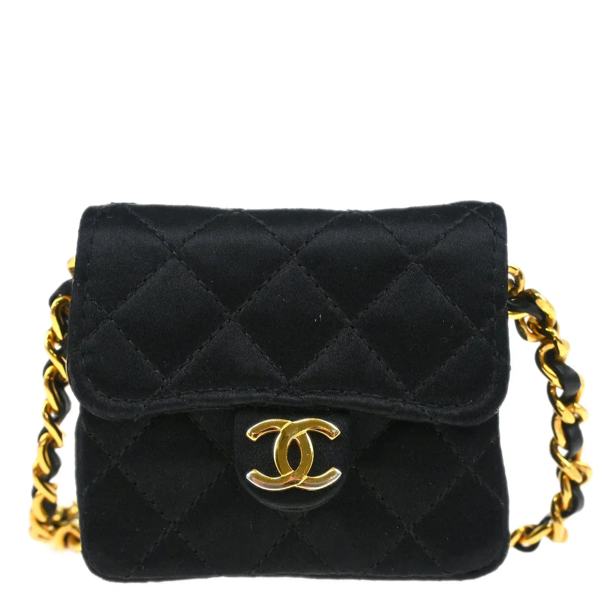 Chanel 1989 - 1991 Black Satin Classic Flap Micro Chain Shoulder Bag