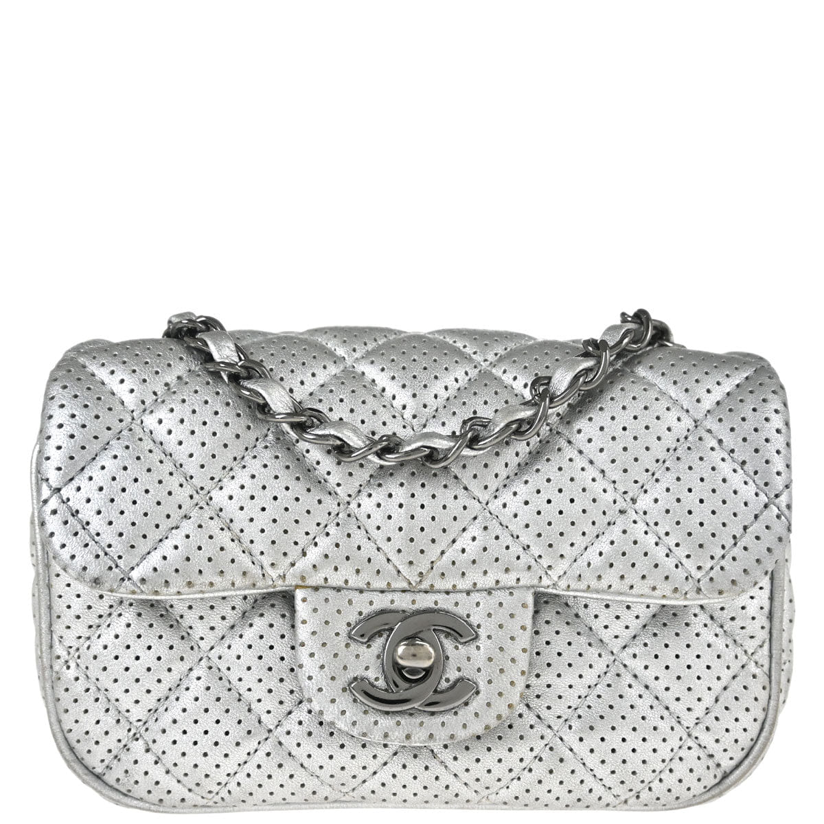 Chanel 2014 Silver Perforated Lambskin Classic Flap Shoulder Bag