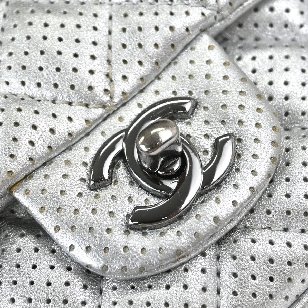 Chanel 2014 Silver Perforated Lambskin Classic Flap Shoulder Bag