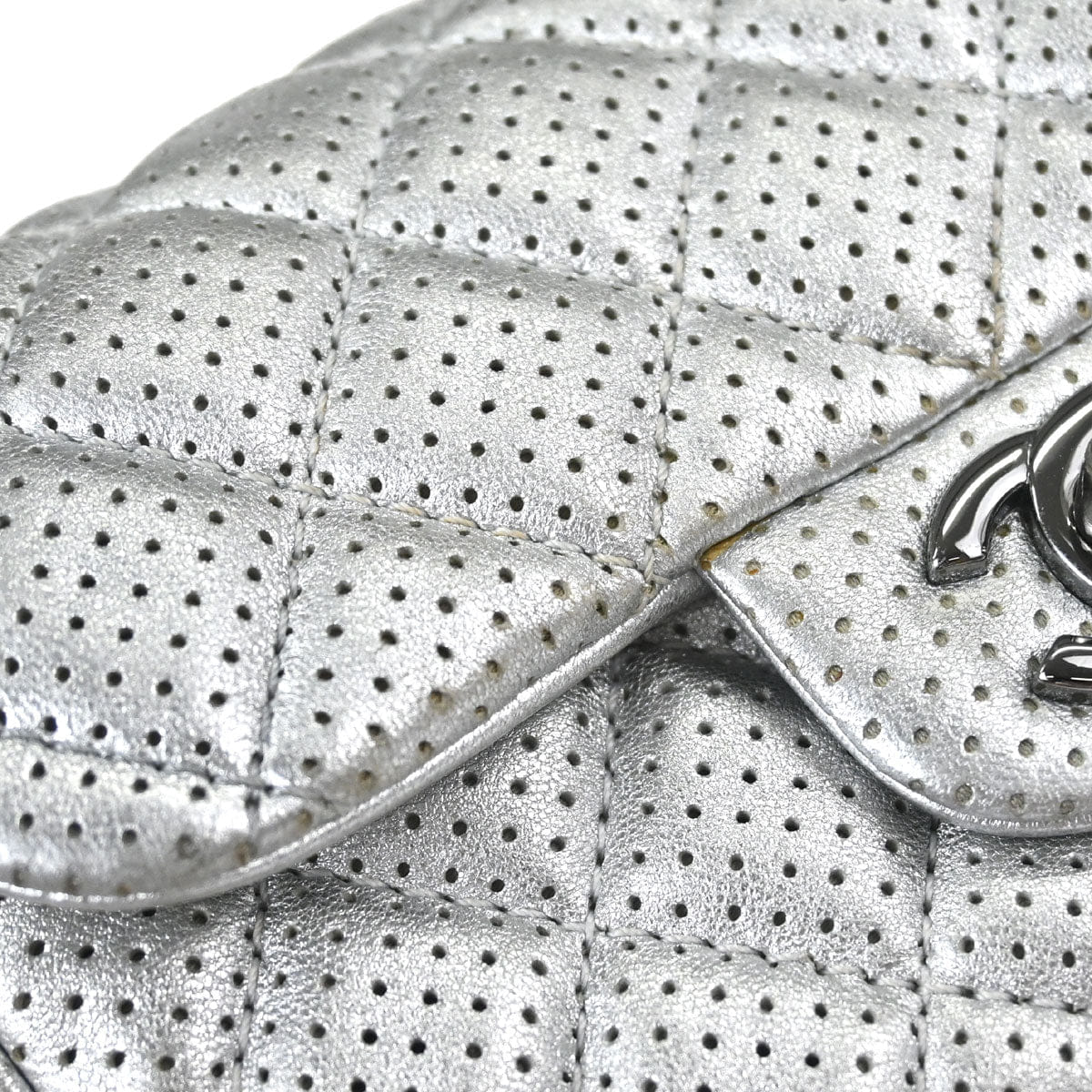 Chanel 2014 Silver Perforated Lambskin Classic Flap Shoulder Bag