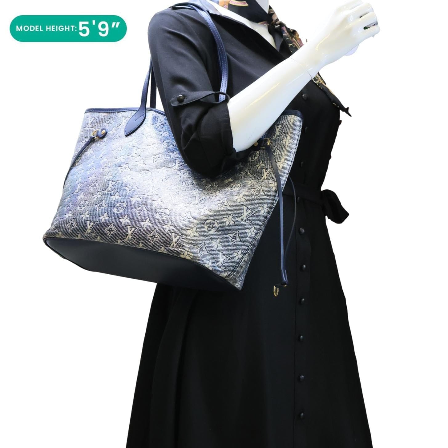 LOUIS VUITTON Neverfull MM Monoglam Jacquard Tote Bag Navy Blue