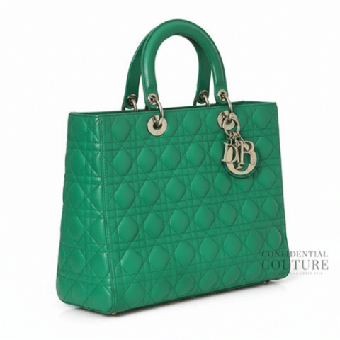 Christian Dior Green Cannage Quilted Lambskin Leather Large Lady Dior Bag