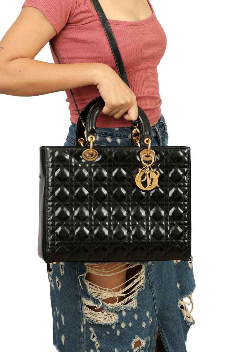 Christian Dior Large Patent Cannage Lady Dior Satchel Bag