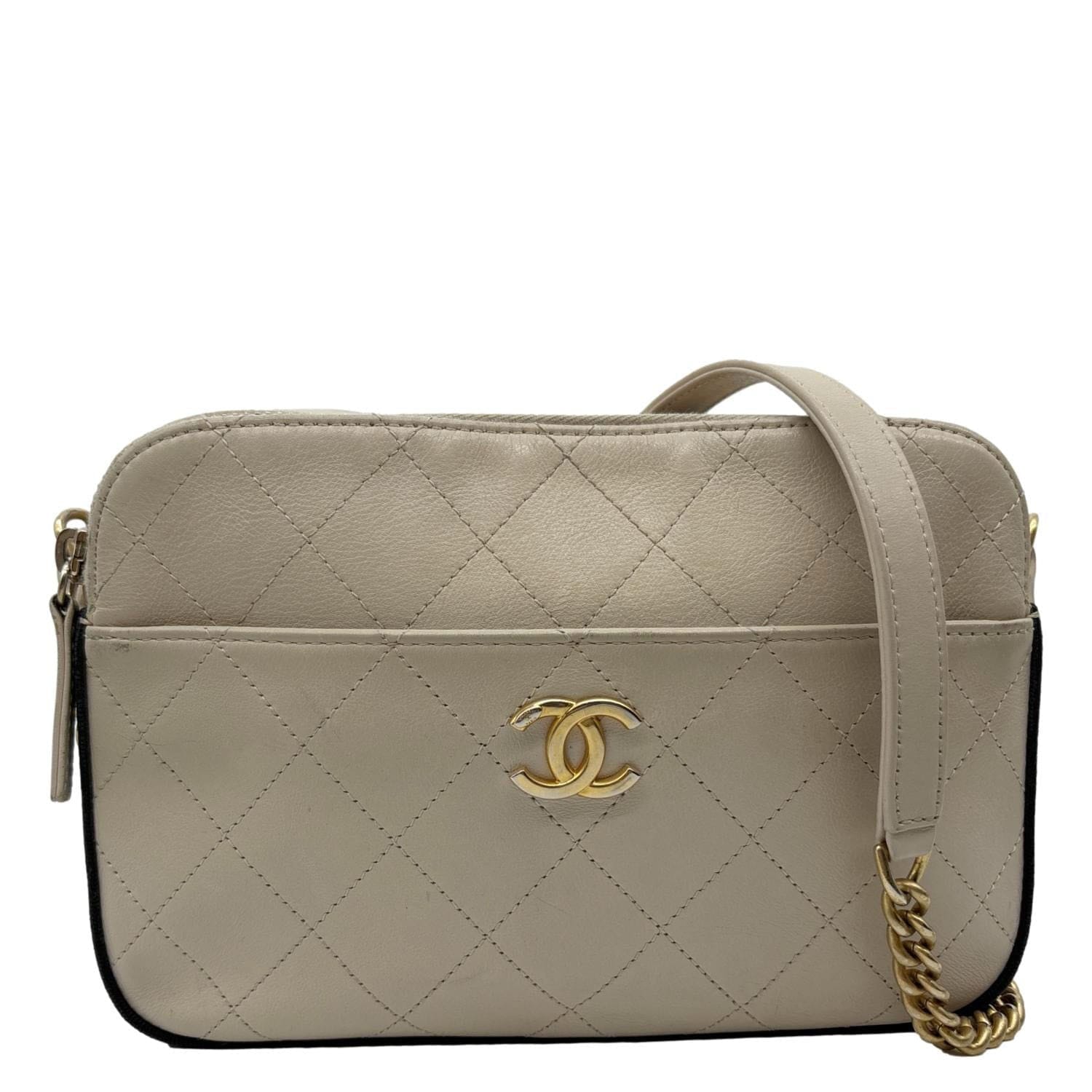 CHANEL Button Up Stitched Calfskin Leather Camera Crossbody Bag Beige