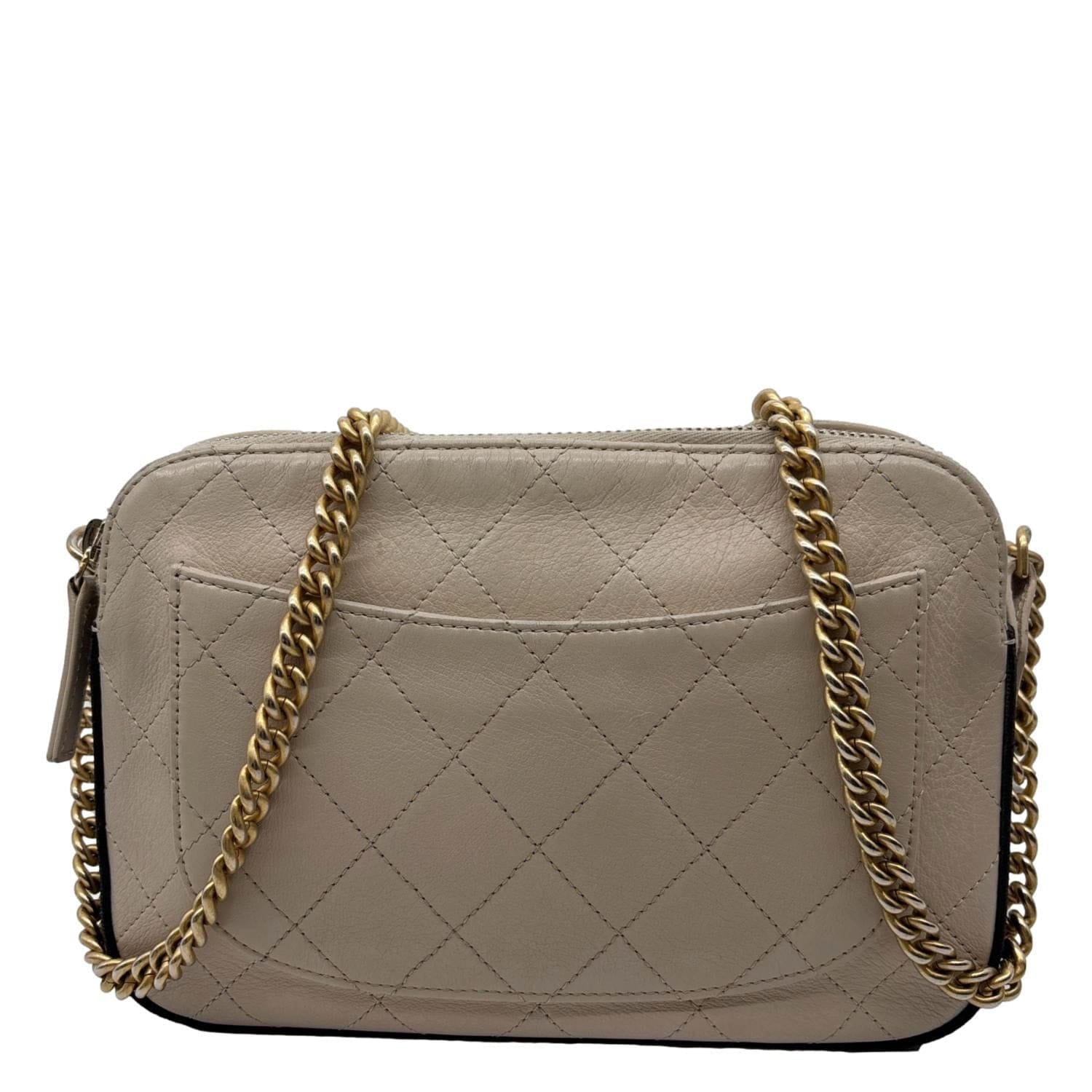 CHANEL Button Up Stitched Calfskin Leather Camera Crossbody Bag Beige