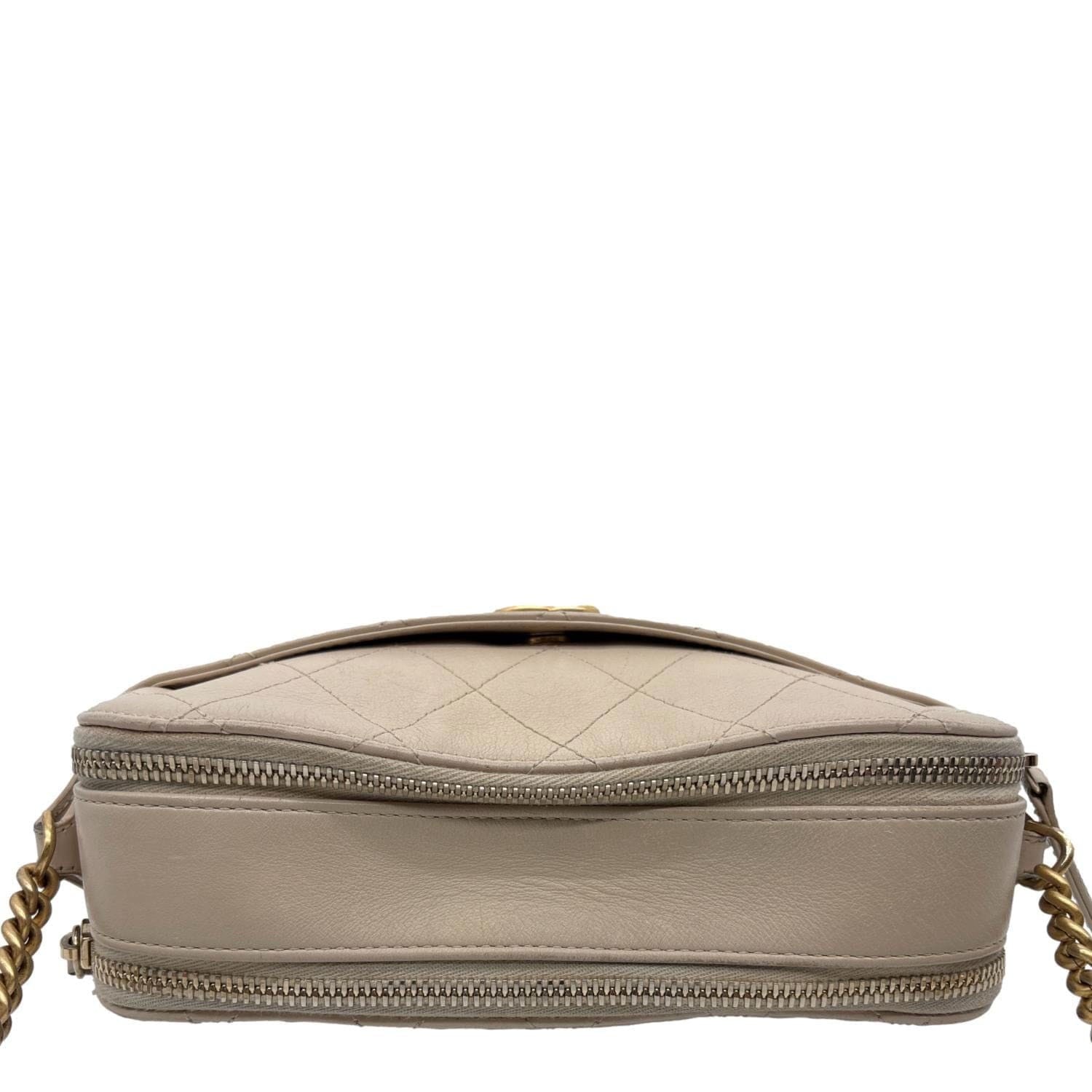 CHANEL Button Up Stitched Calfskin Leather Camera Crossbody Bag Beige