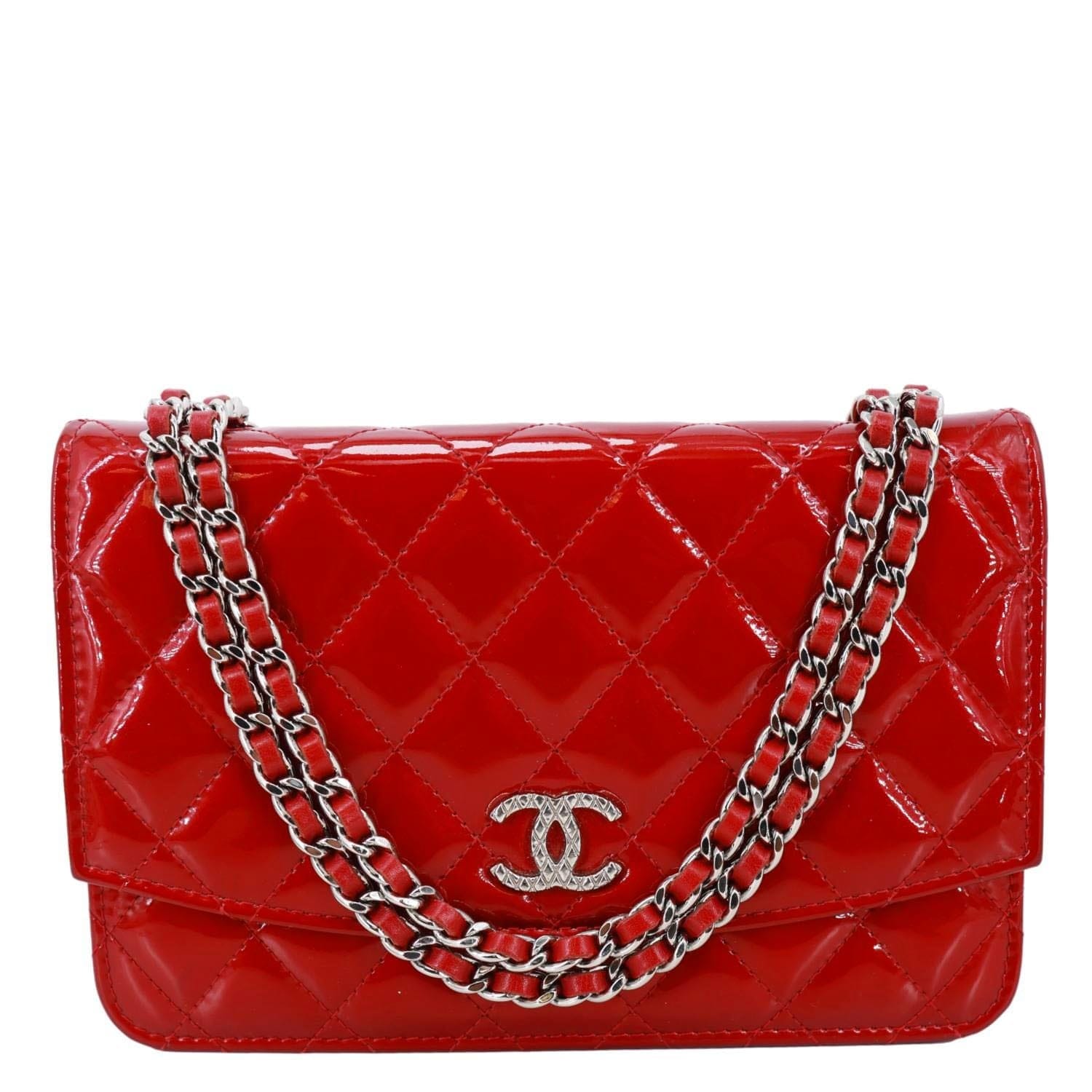 CHANEL Brilliant WOC Quilted Patent Leather Crossbody Wallet Red