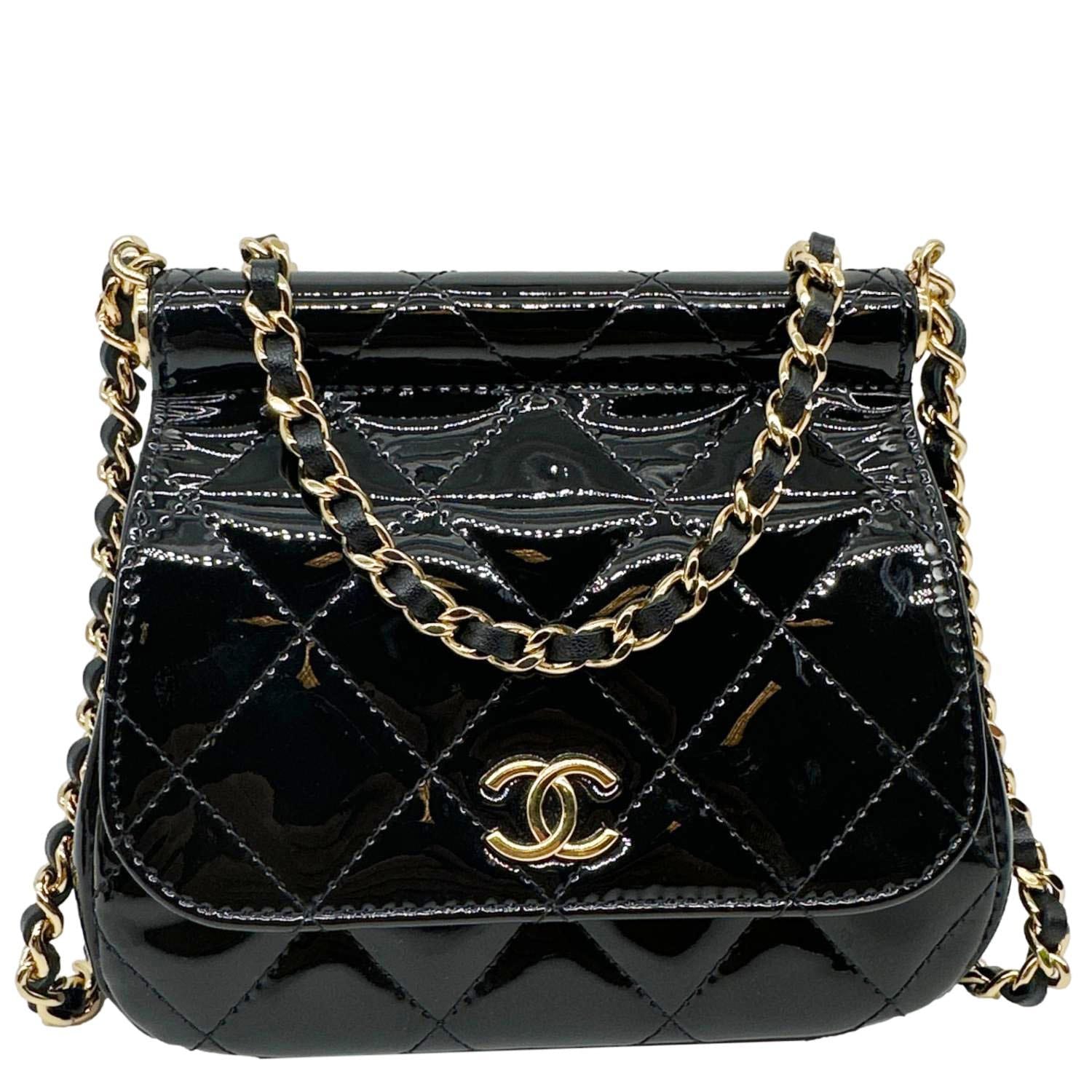 CHANEL Frame Clutch Flap With Chain Quilted Patent Leather Crossbody Bag Black