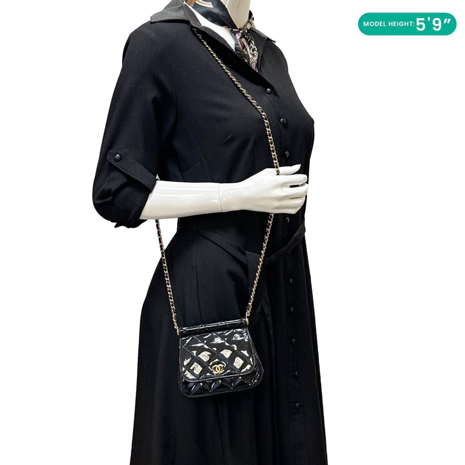 CHANEL Frame Clutch Flap With Chain Quilted Patent Leather Crossbody Bag Black