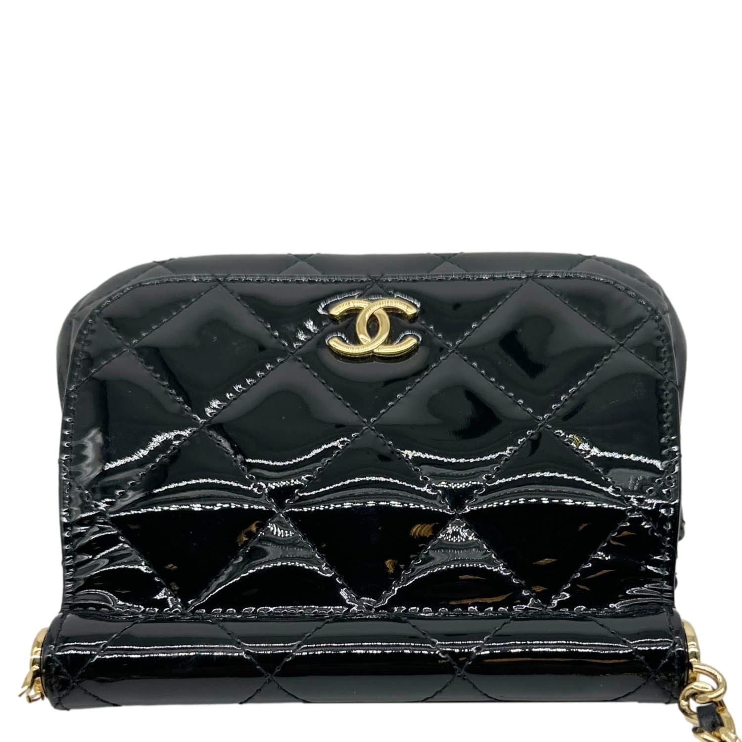 CHANEL Frame Clutch Flap With Chain Quilted Patent Leather Crossbody Bag Black