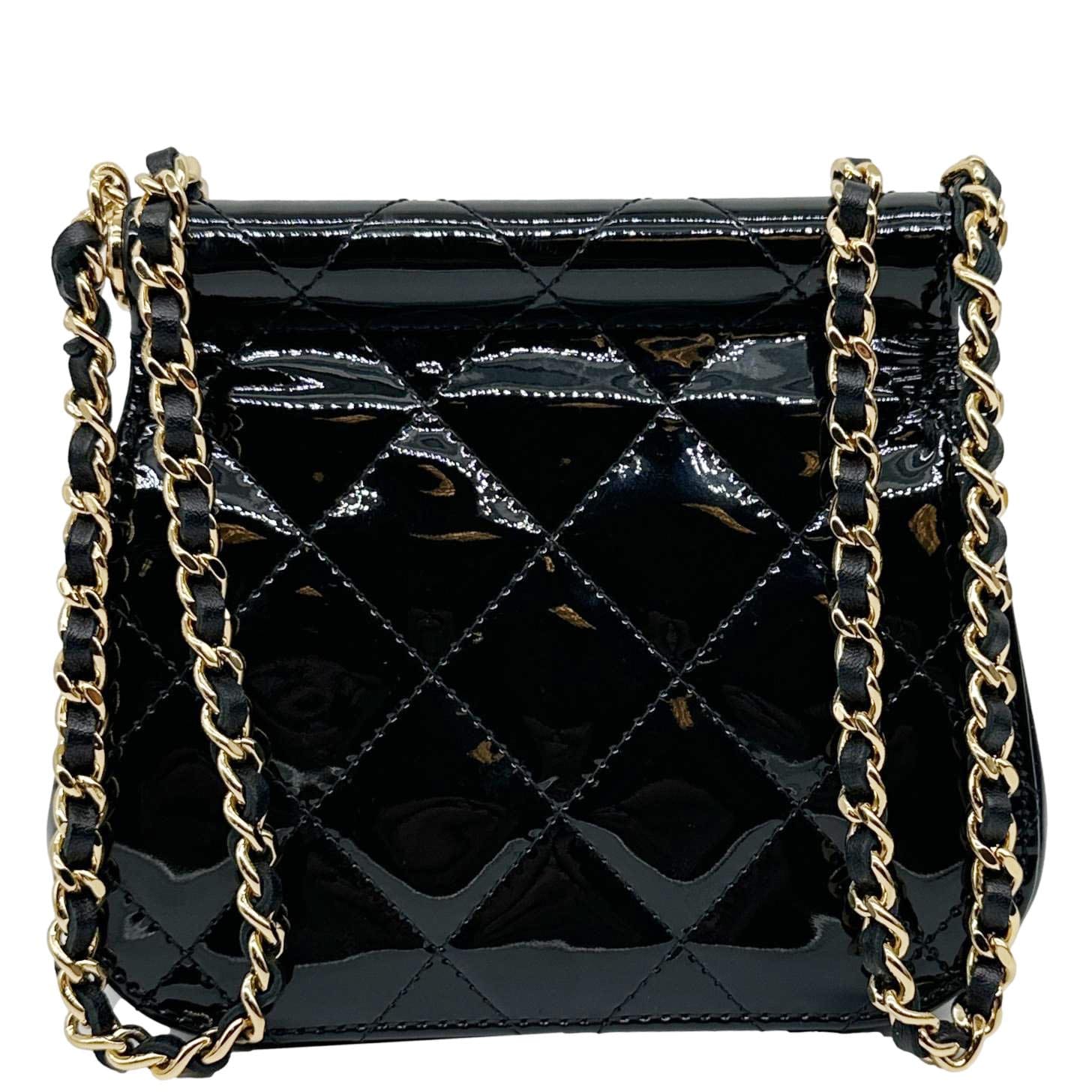 CHANEL Frame Clutch Flap With Chain Quilted Patent Leather Crossbody Bag Black