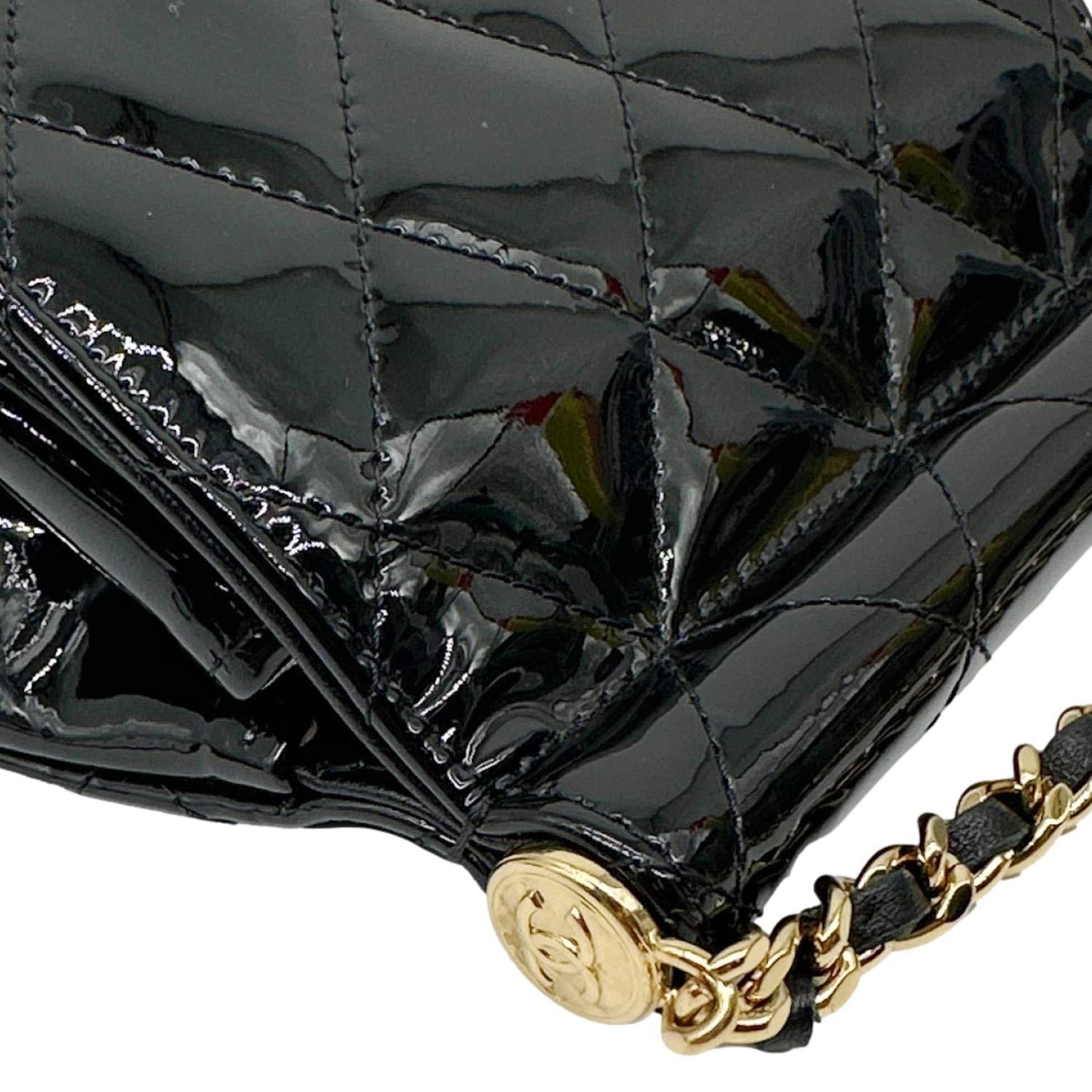CHANEL Frame Clutch Flap With Chain Quilted Patent Leather Crossbody Bag Black