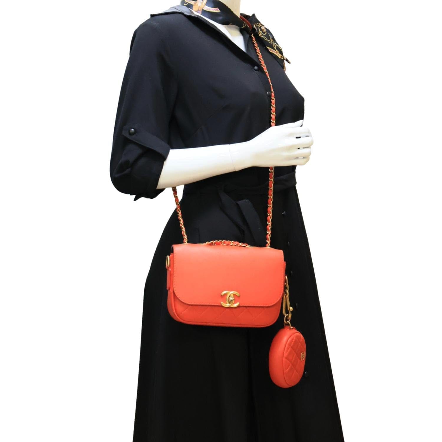 CHANEL Multi Pouching Flap Quilted Calfskin Leather Crossbody Bag Orange