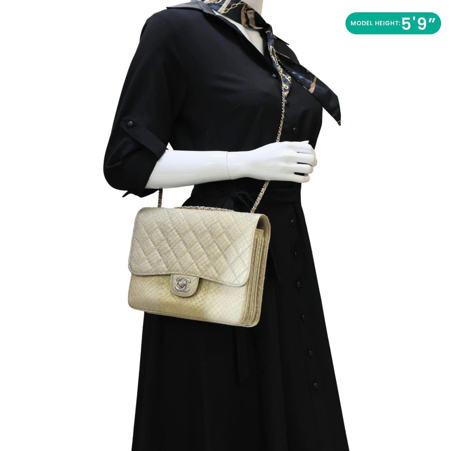 CHANEL Timeless Classic Flap Quilted Python Leather Shoulder Bag Gold