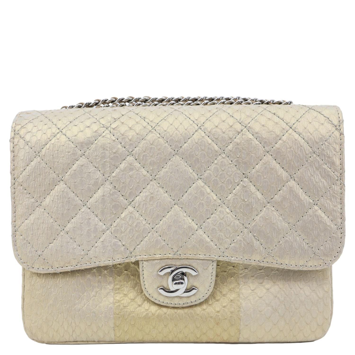 CHANEL Timeless Classic Flap Quilted Python Leather Shoulder Bag Gold