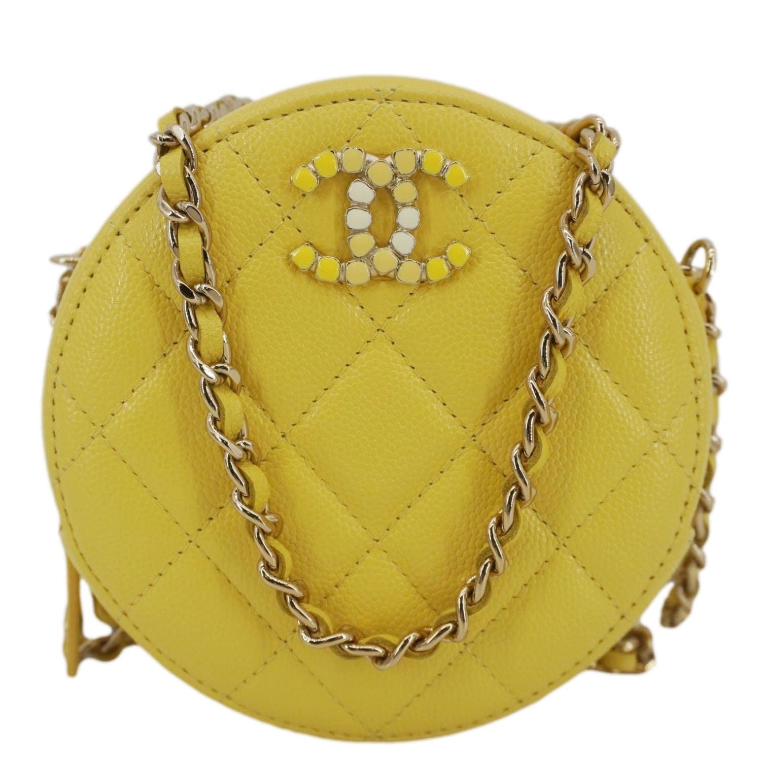 CHANEL Crystal CC Round Quilted Caviar Leather Chain Crossbody Bag Yellow