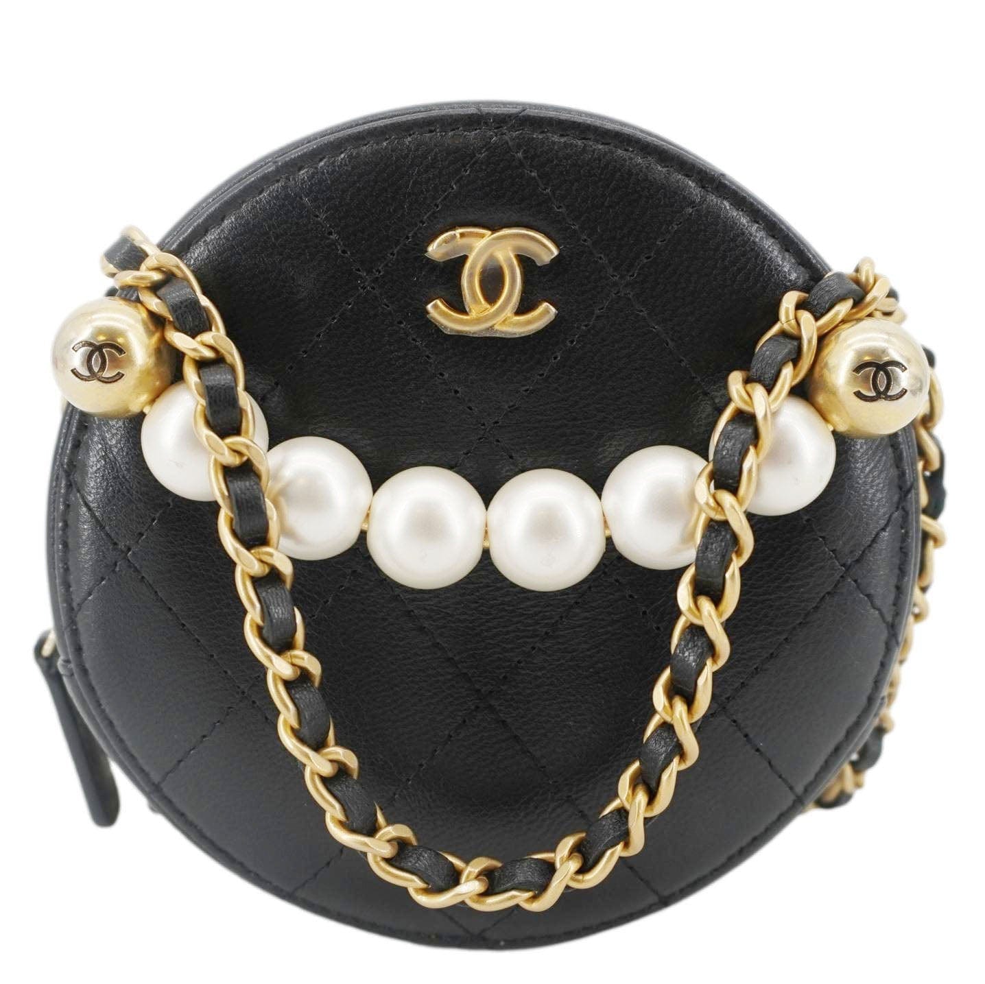 CHANEL Round Chic Pearls Quilted Leather Crossbody Bag Black