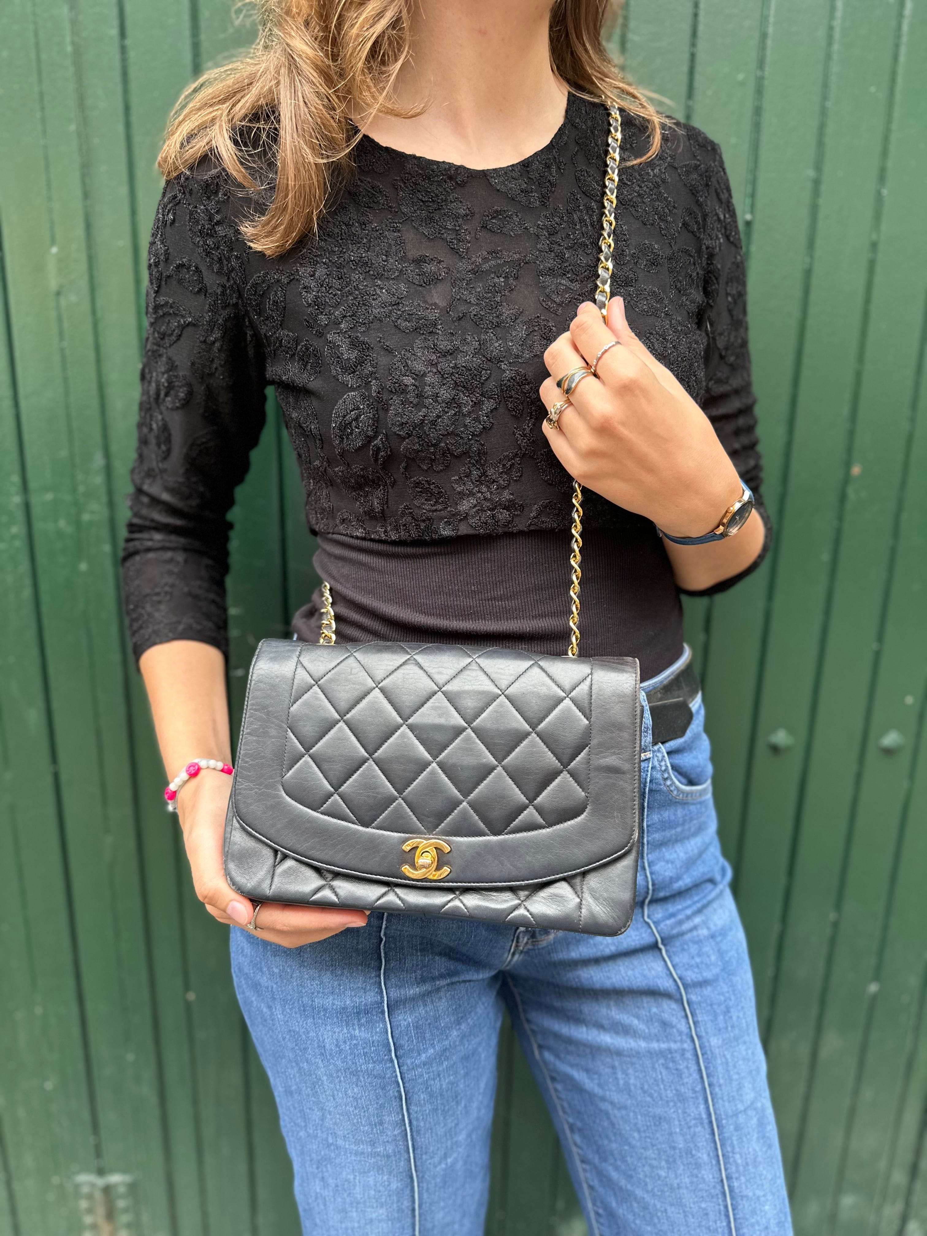 Chanel Vintage Chanel Black Lambskin Leather Diana Crossbody