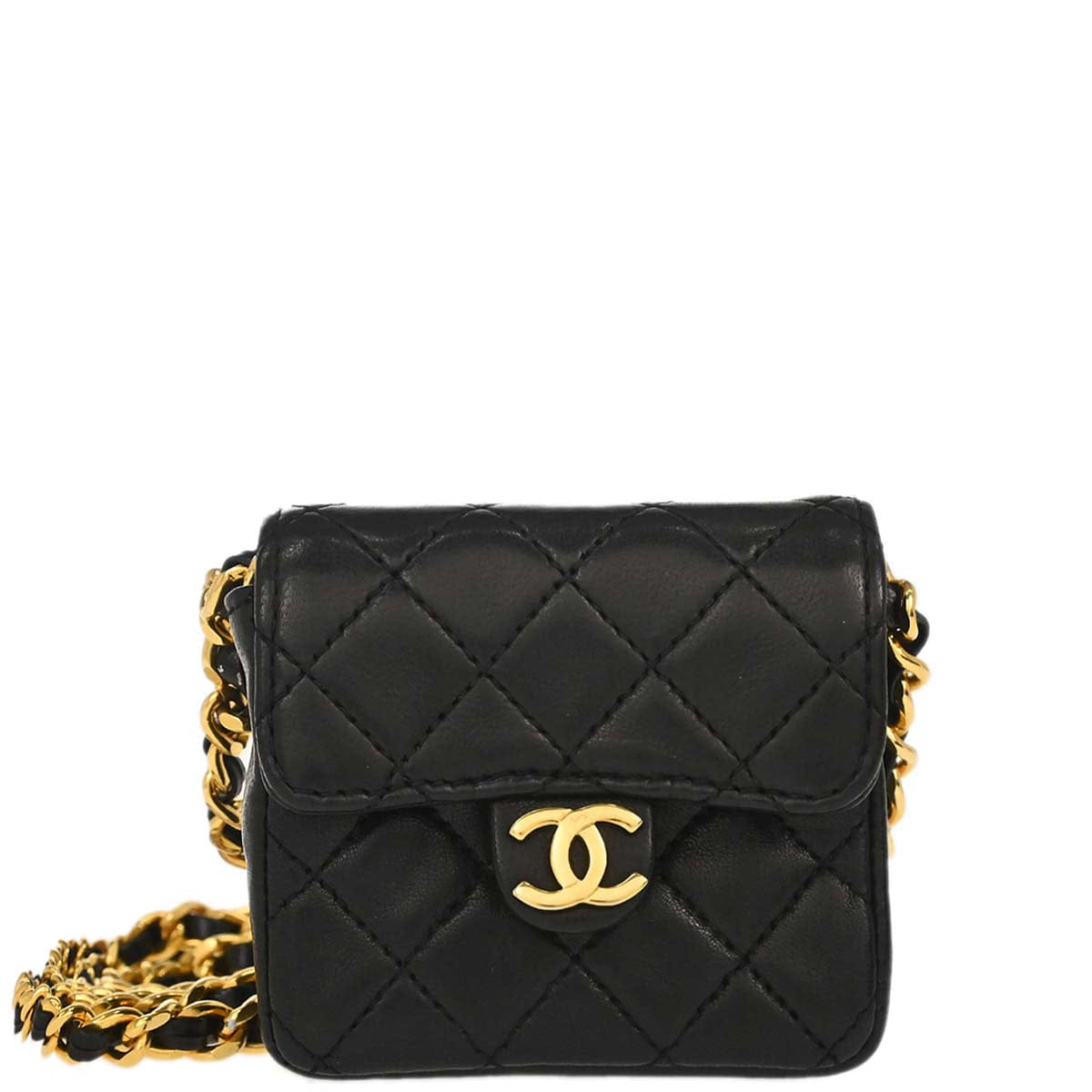 Chanel 1989 - 1991 Black Lambskin Micro Classic Flap Shoulder Bag Pochette