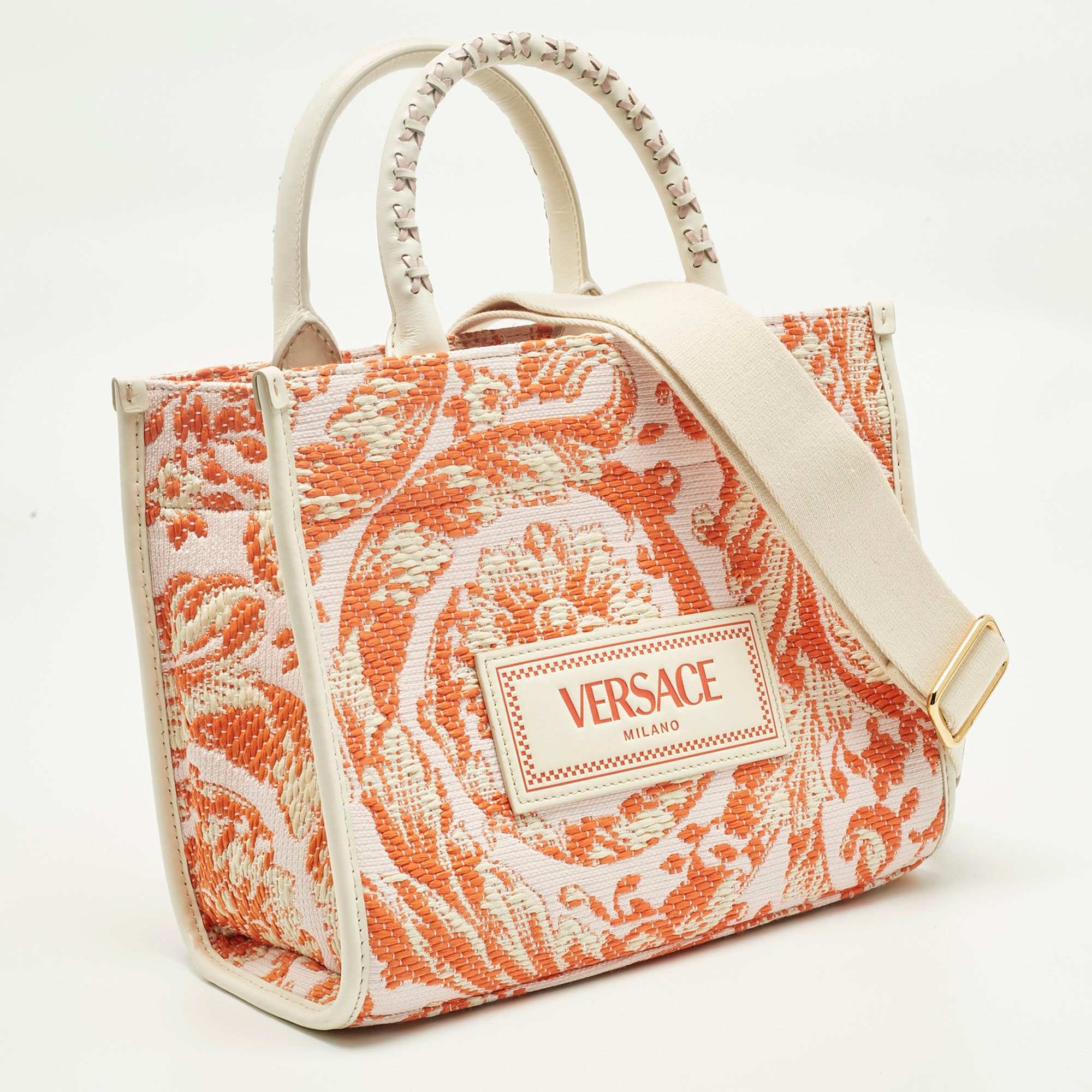 Versace Orange/pink Canvas And Raffia Small Barocco Athena Tote