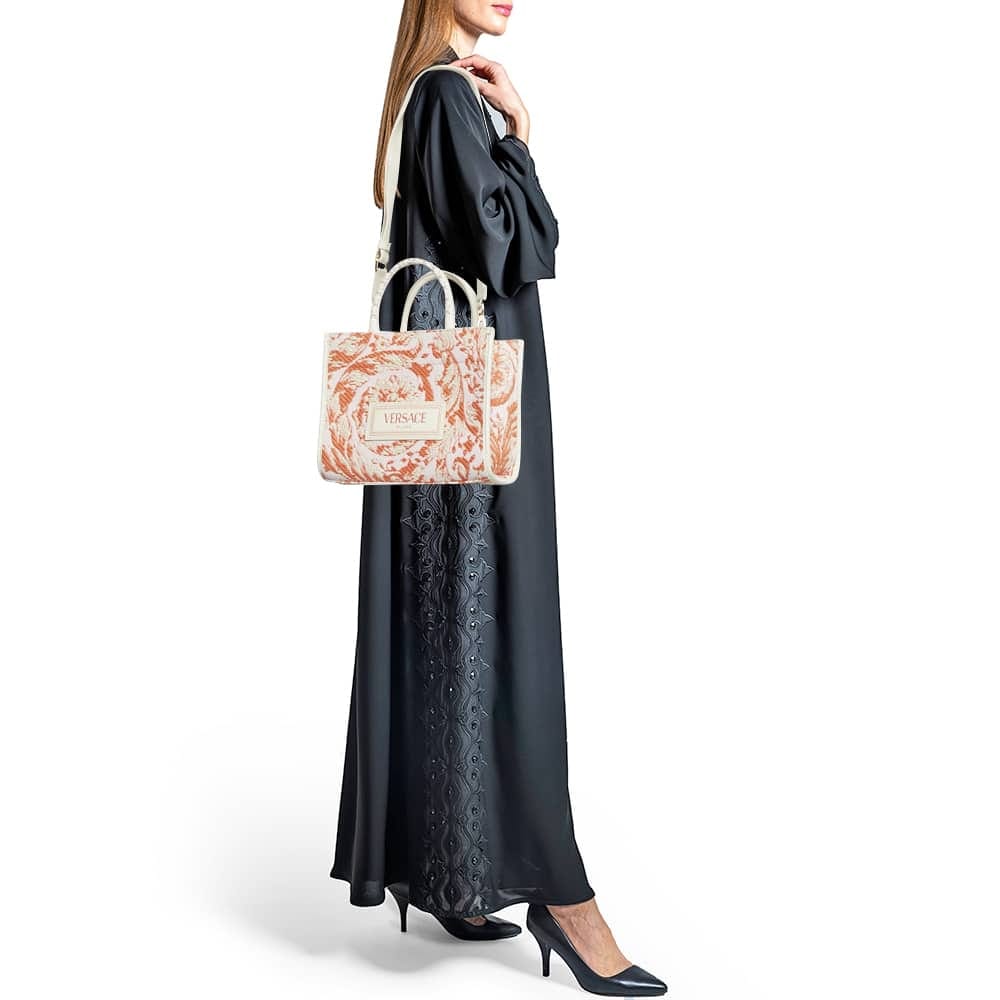 Versace Orange/pink Canvas And Raffia Small Barocco Athena Tote