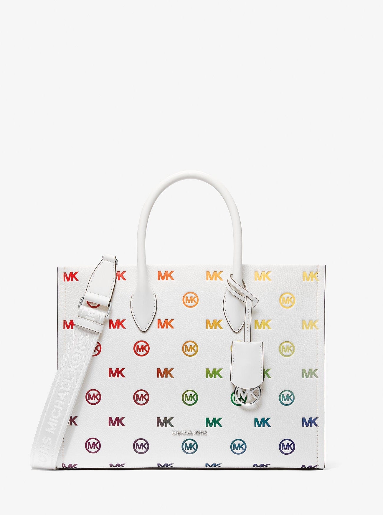 Michael Kors Mirella Medium Rainbow Logo Embossed Tote Bag Optic White