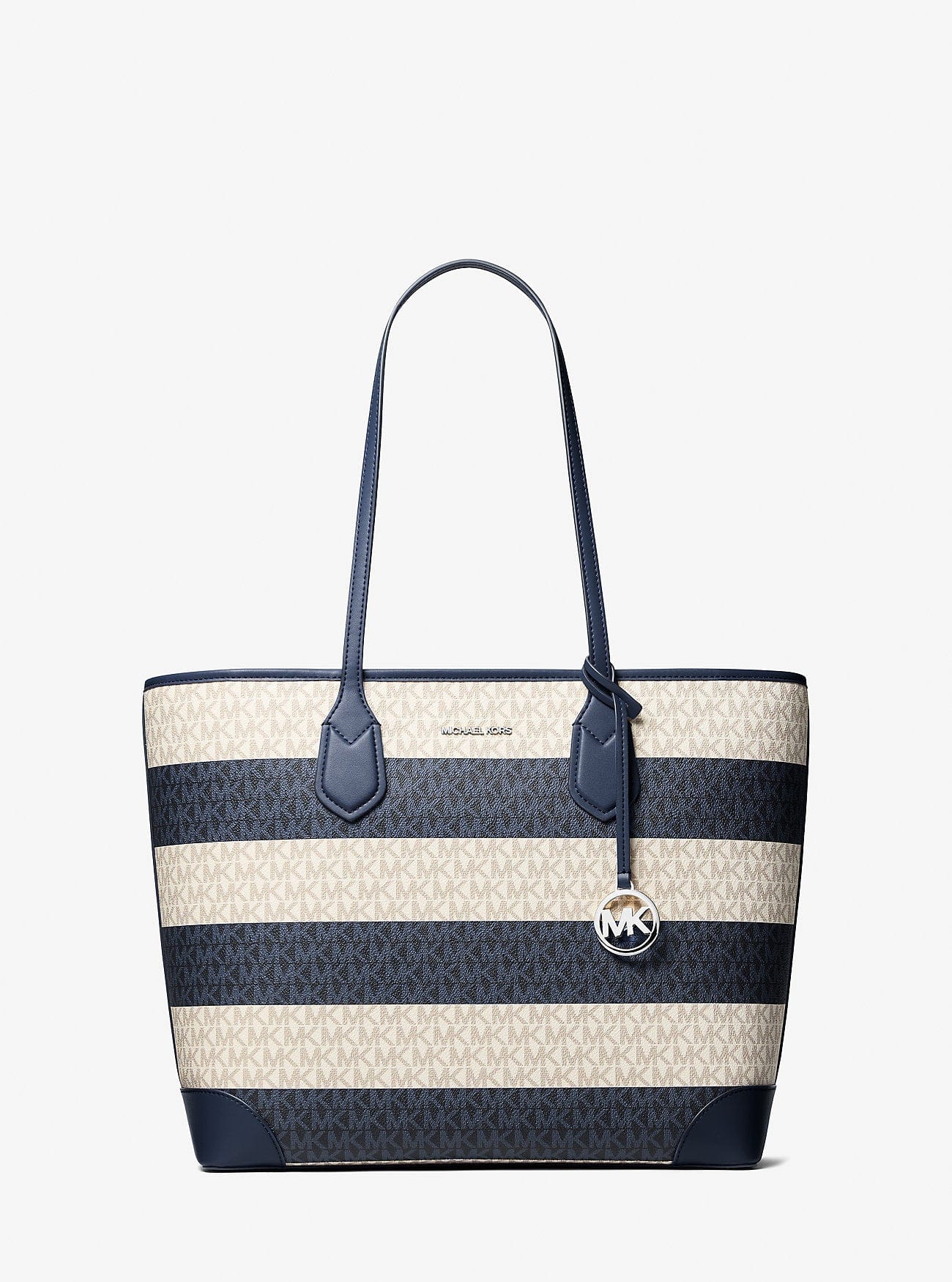 Michael Kors Eva Large Striped Signature Logo Tote Bag Navy