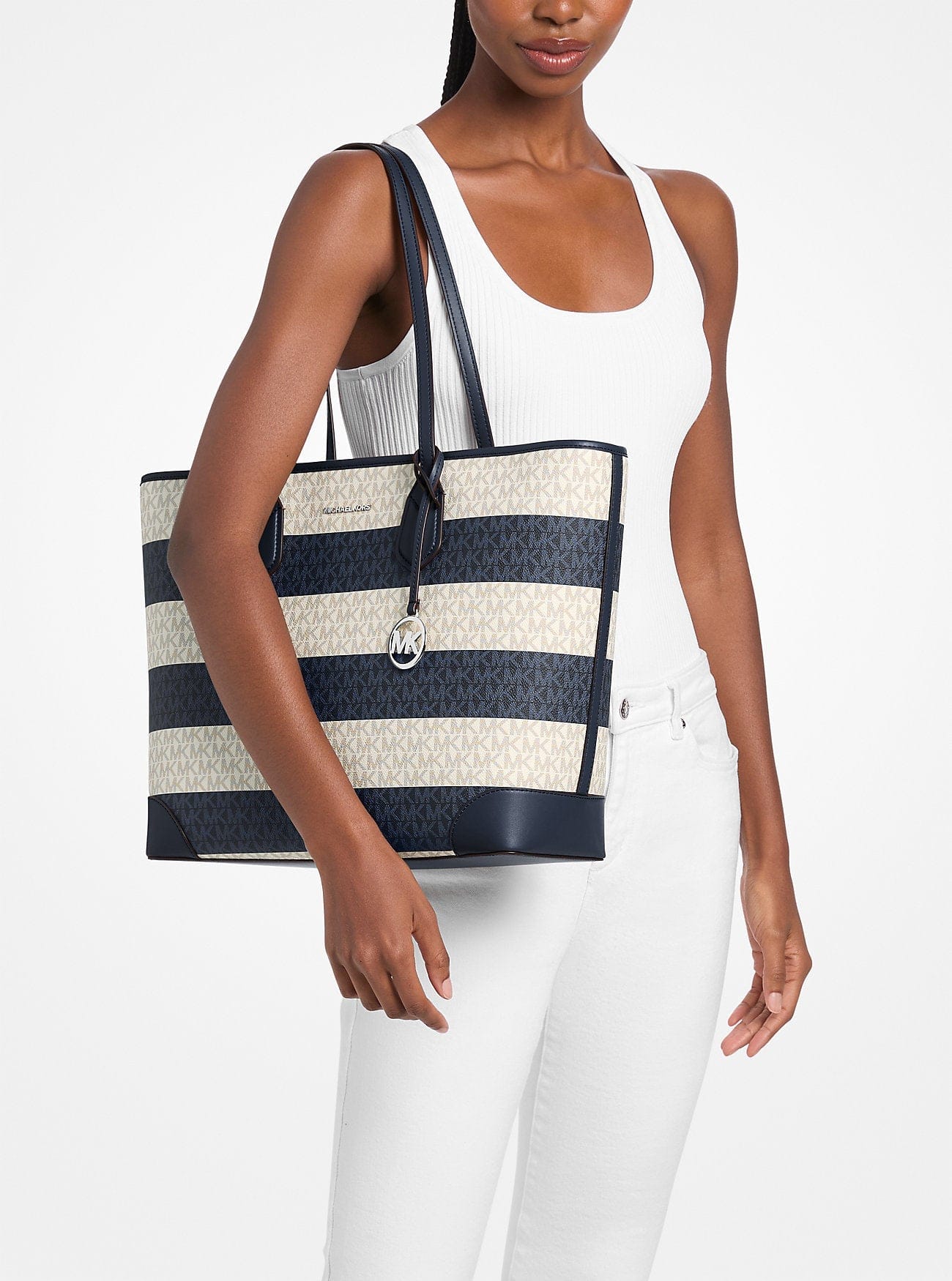 Michael Kors Eva Large Striped Signature Logo Tote Bag Navy