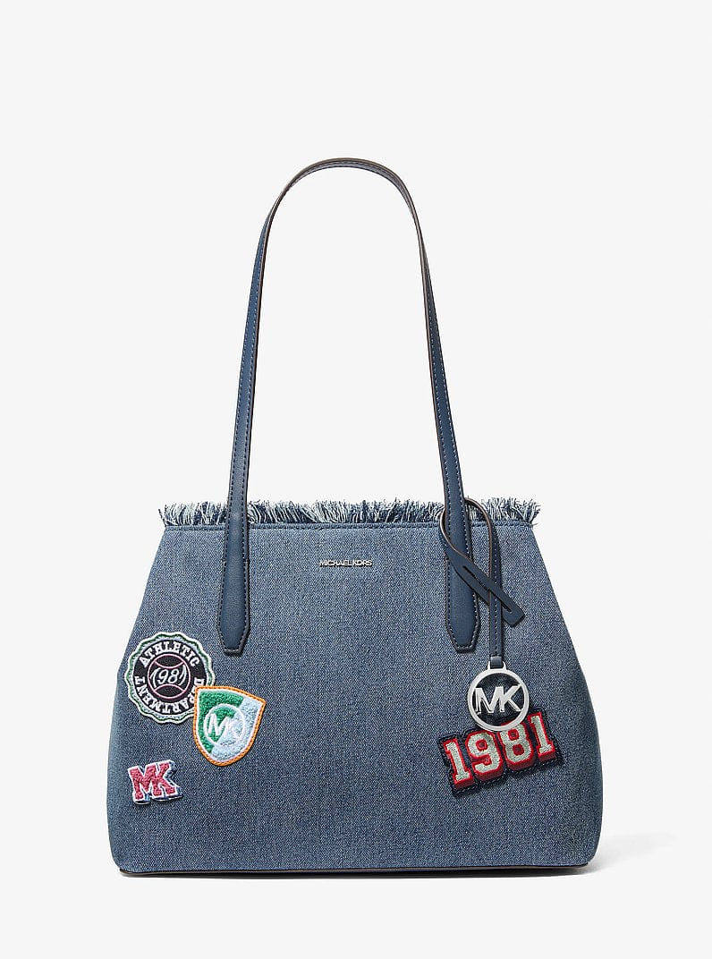 Michael Kors Avalon Medium Embellished Denim Convertible Tote Bag Washed Denim