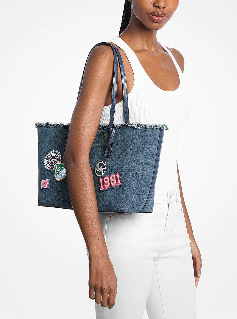 Michael Kors Avalon Medium Embellished Denim Convertible Tote Bag Washed Denim