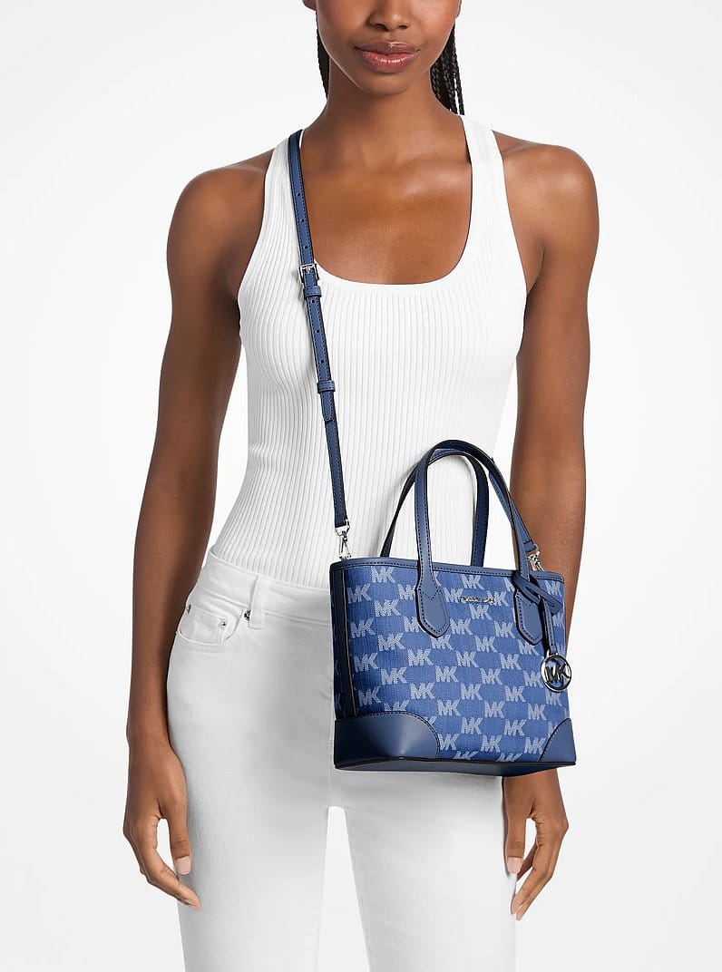 Michael Kors Eva Extra - Small Logo Jacquard Denim Convertible Tote Bag Denim