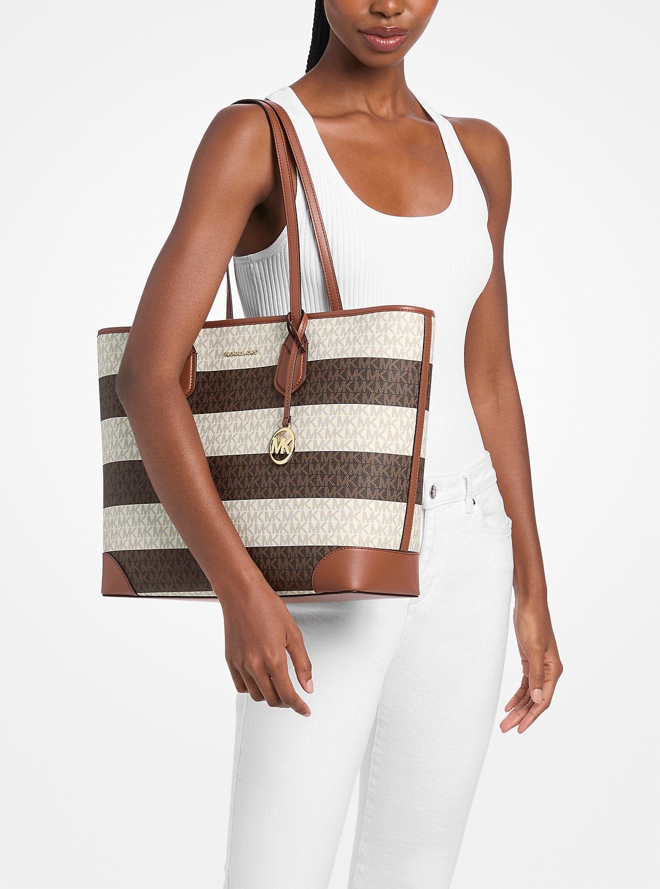 Michael Kors Eva Large Striped Signature Logo Tote Bag Vanilla - Luggage