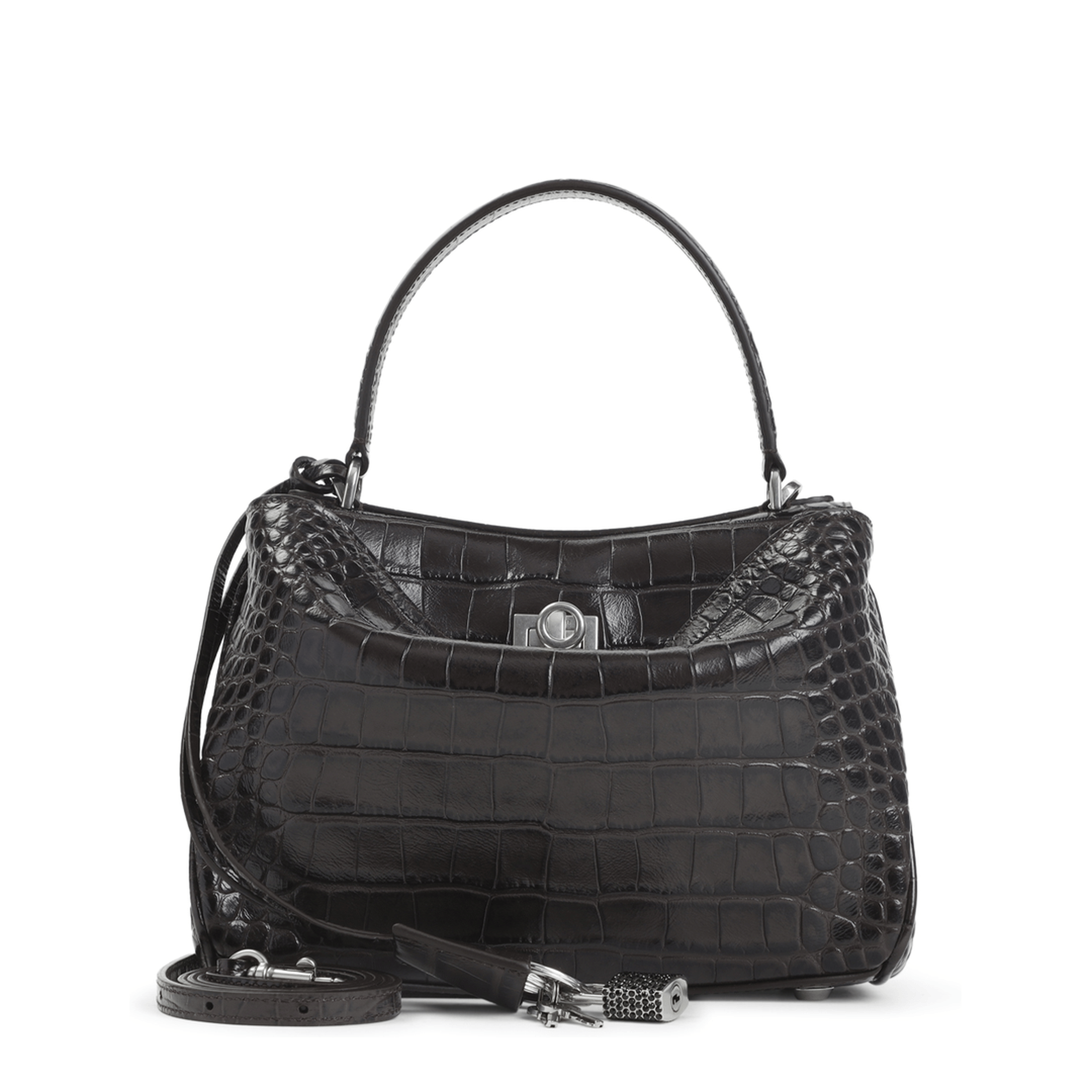 Balenciaga Rodeo Medium Crocodile Embossed Suede Calfskin Handbag - Dark Brown