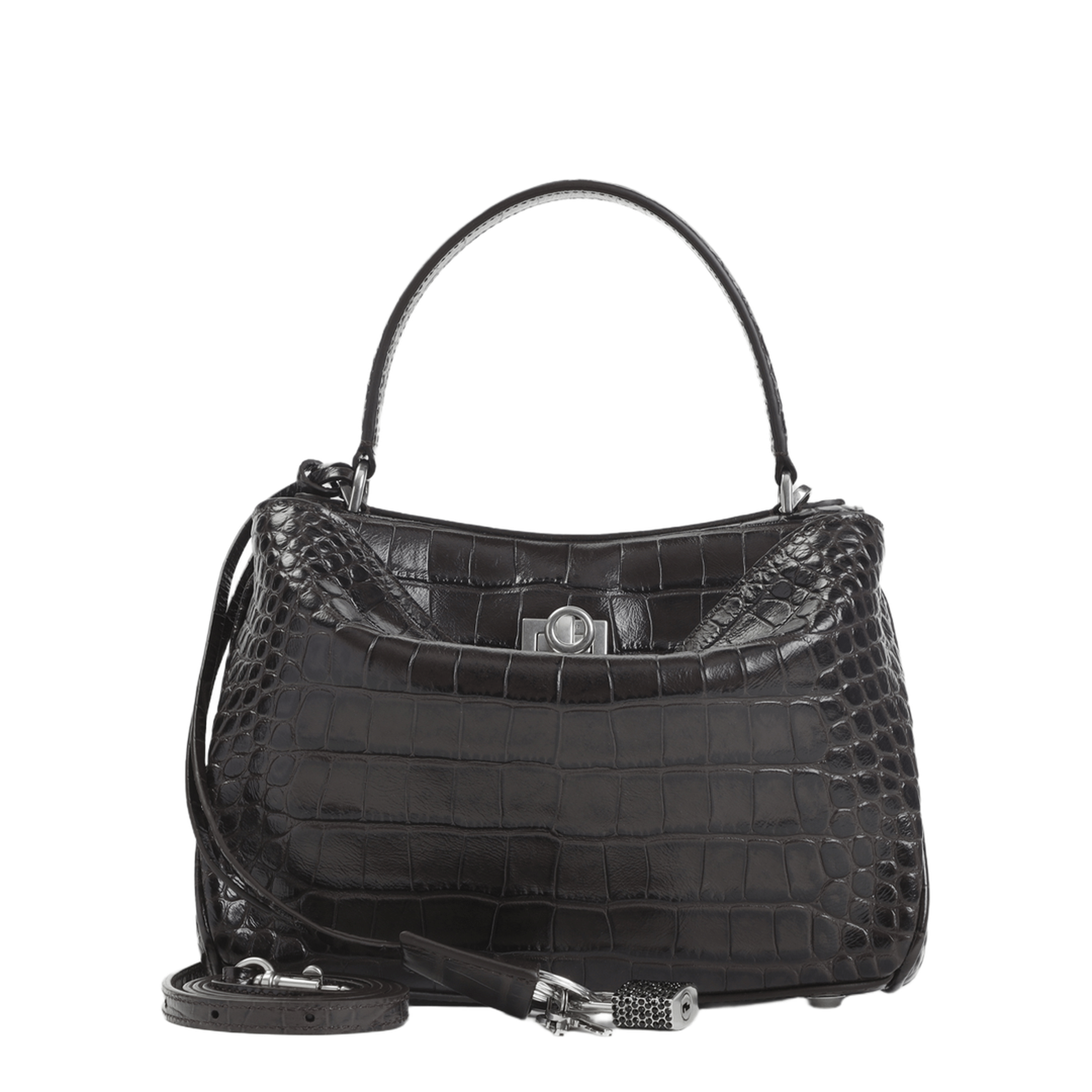 Balenciaga Rodeo Medium Crocodile Embossed Suede Calfskin Handbag - Dark Brown