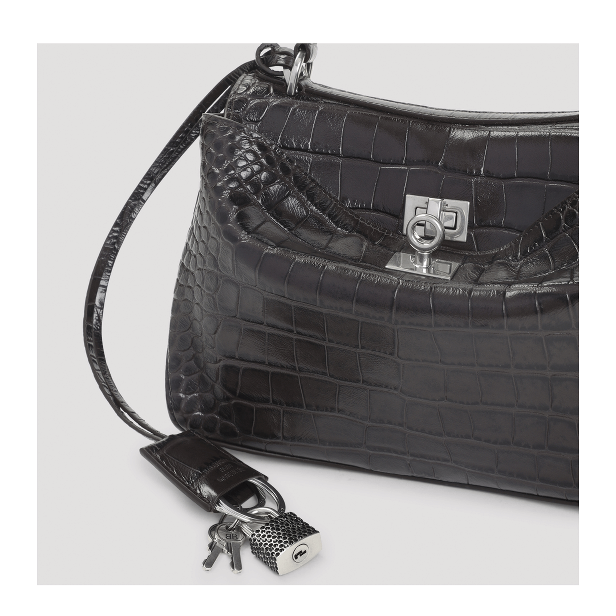 Balenciaga Rodeo Medium Crocodile Embossed Suede Calfskin Handbag - Dark Brown
