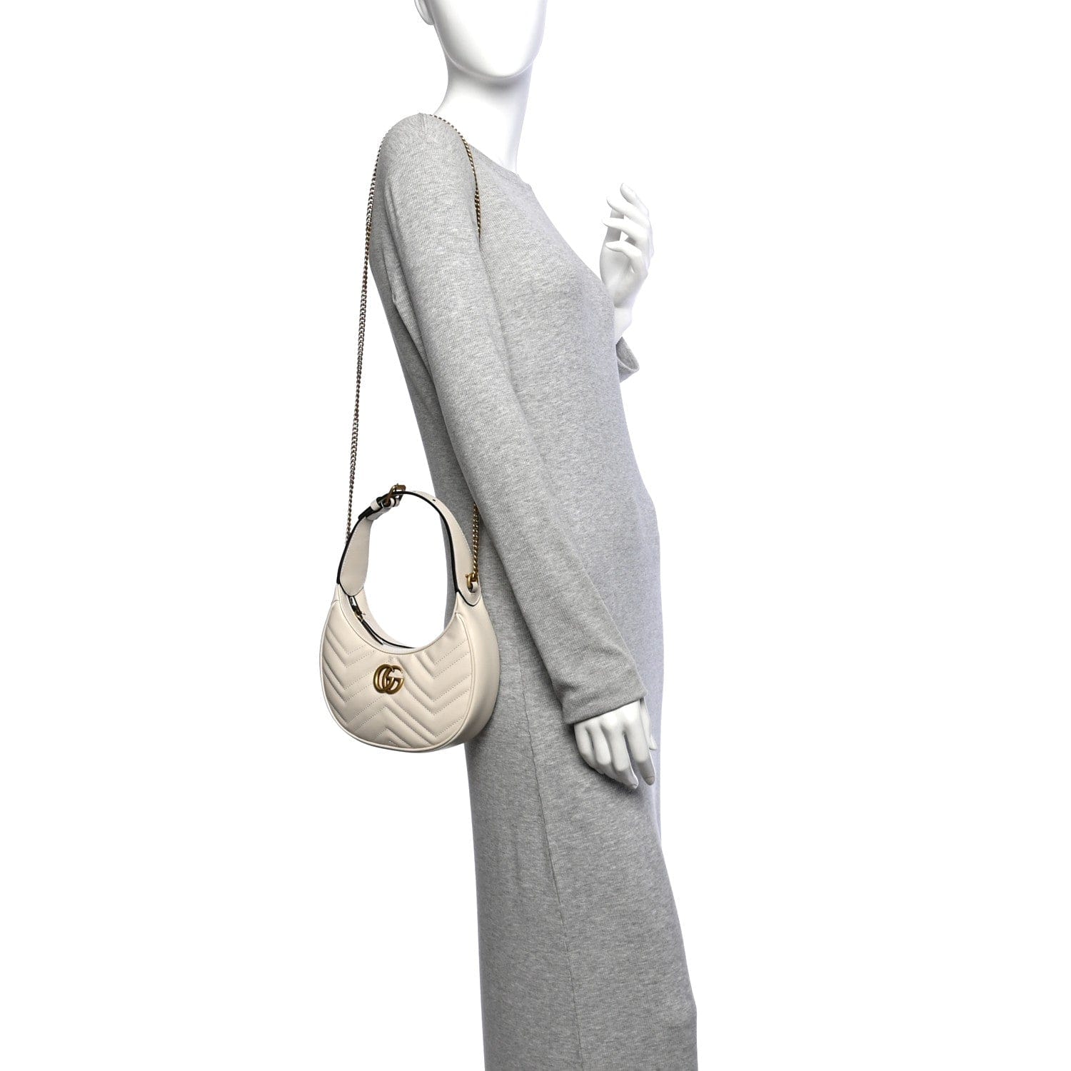 Gucci Calfskin Matelasse Chevron Mini GG Marmont Half Moon Hobo Mystic White