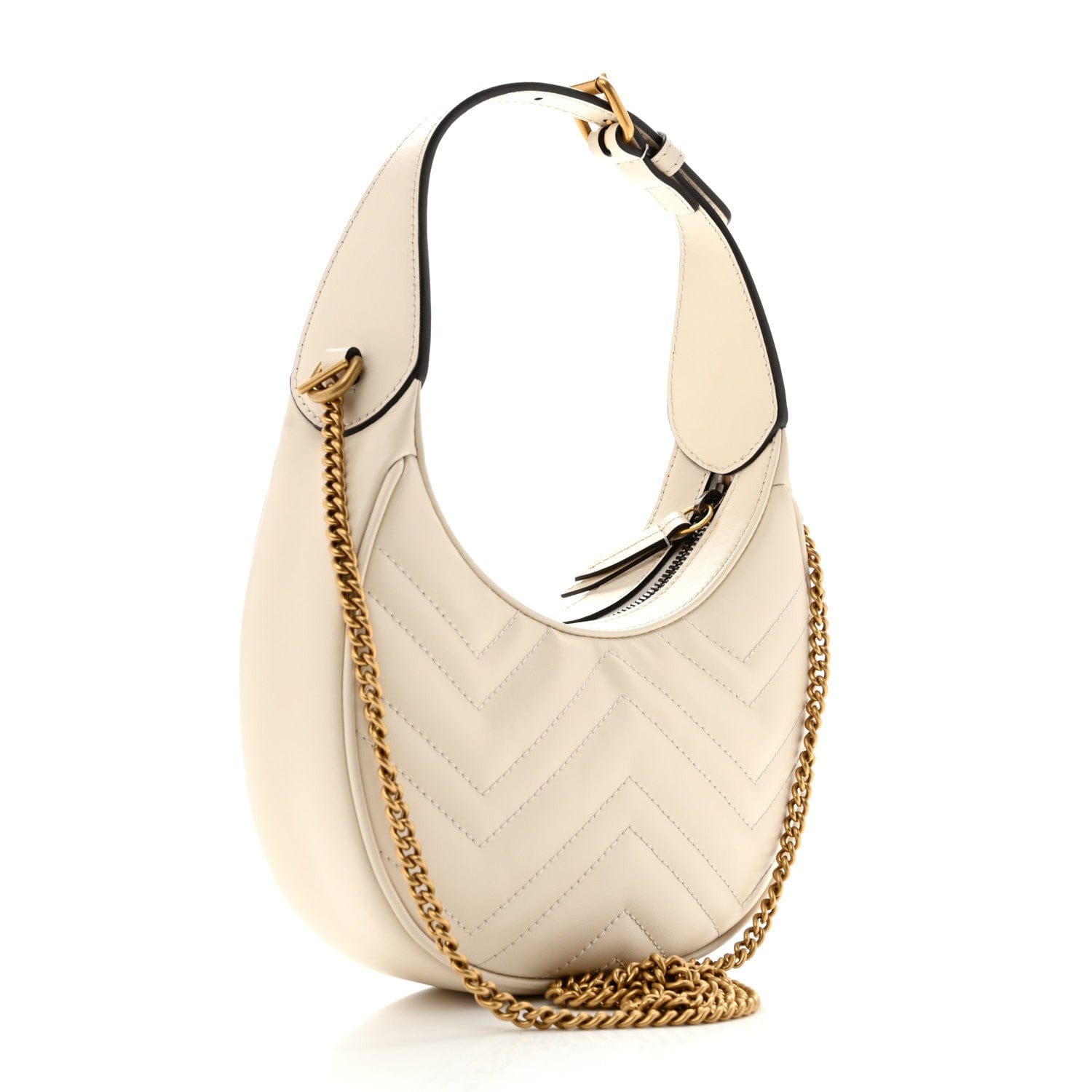Gucci Calfskin Matelasse Chevron Mini GG Marmont Half Moon Hobo Mystic White