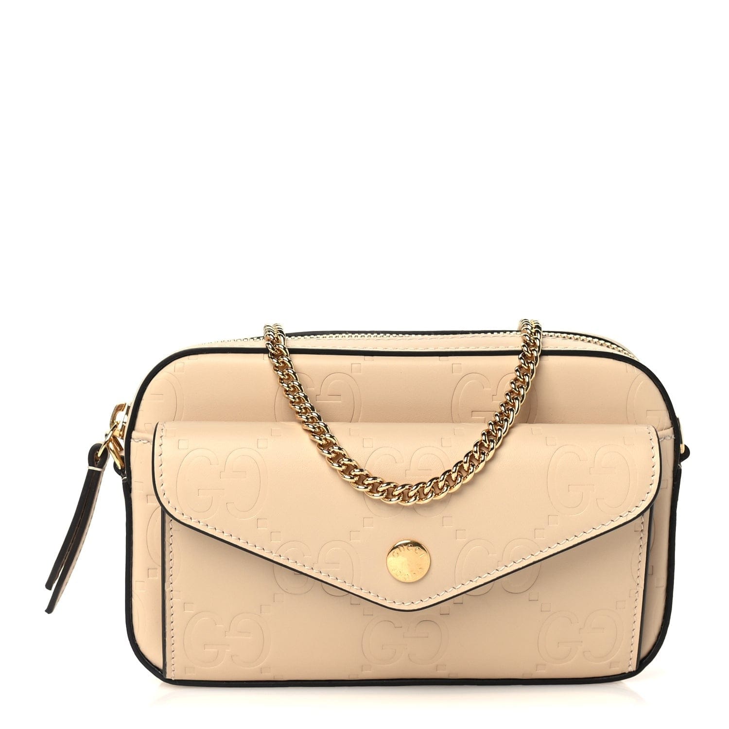 Gucci Calfskin GG Super Mini Debossed Chain Wallet Light Beige
