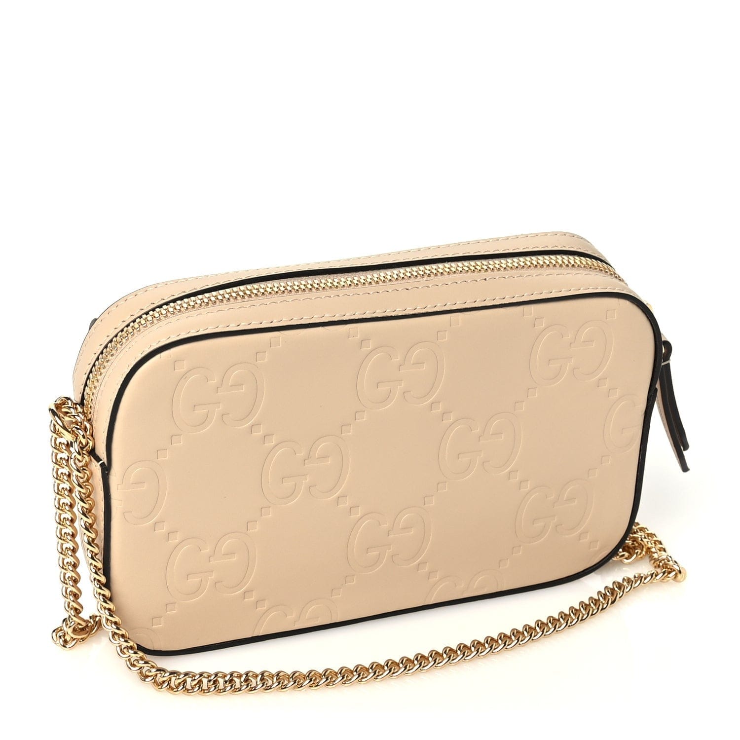 Gucci Calfskin GG Super Mini Debossed Chain Wallet Light Beige