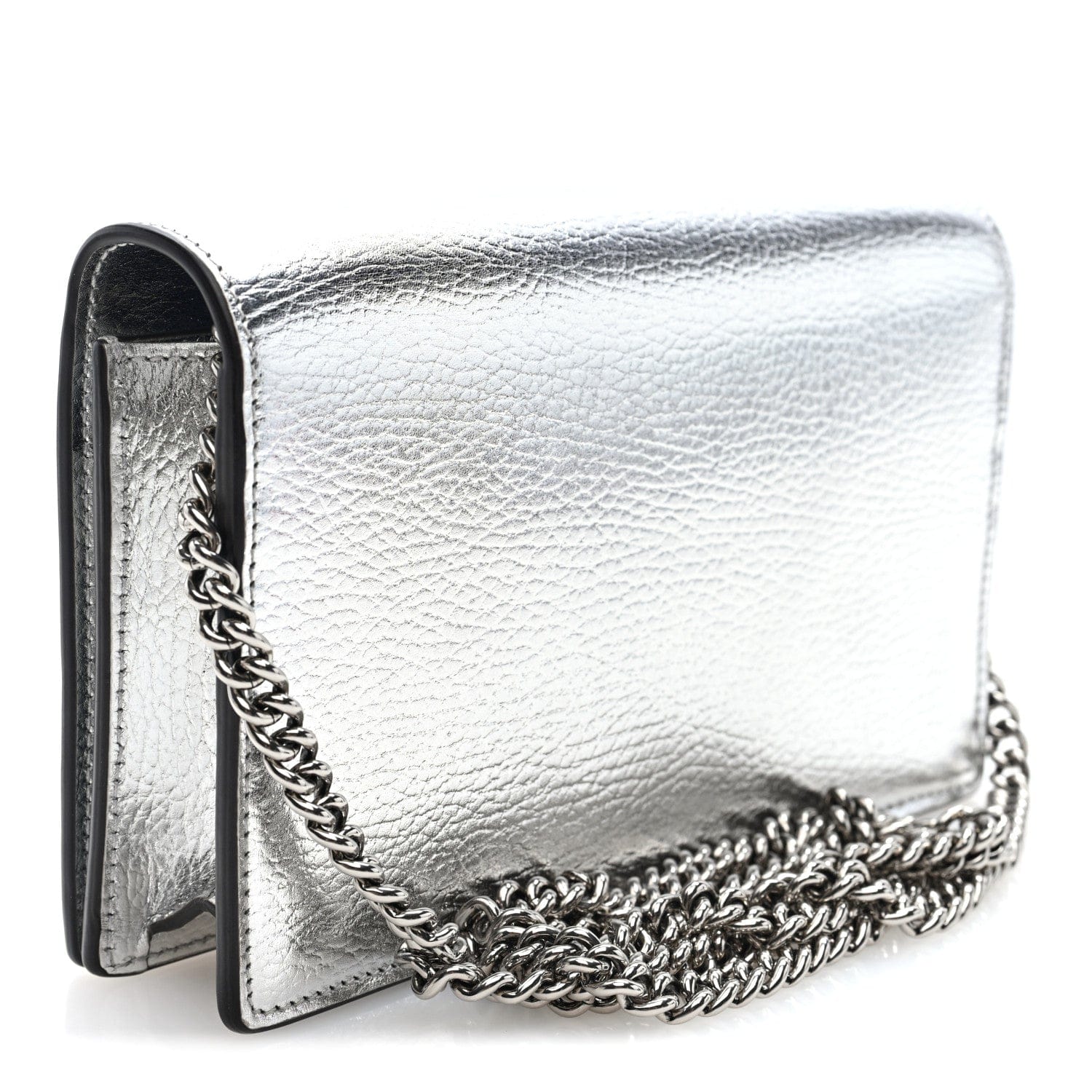 Gucci Metallic Dollar Calfskin Mini GG Marmont Chain Wallet Silver