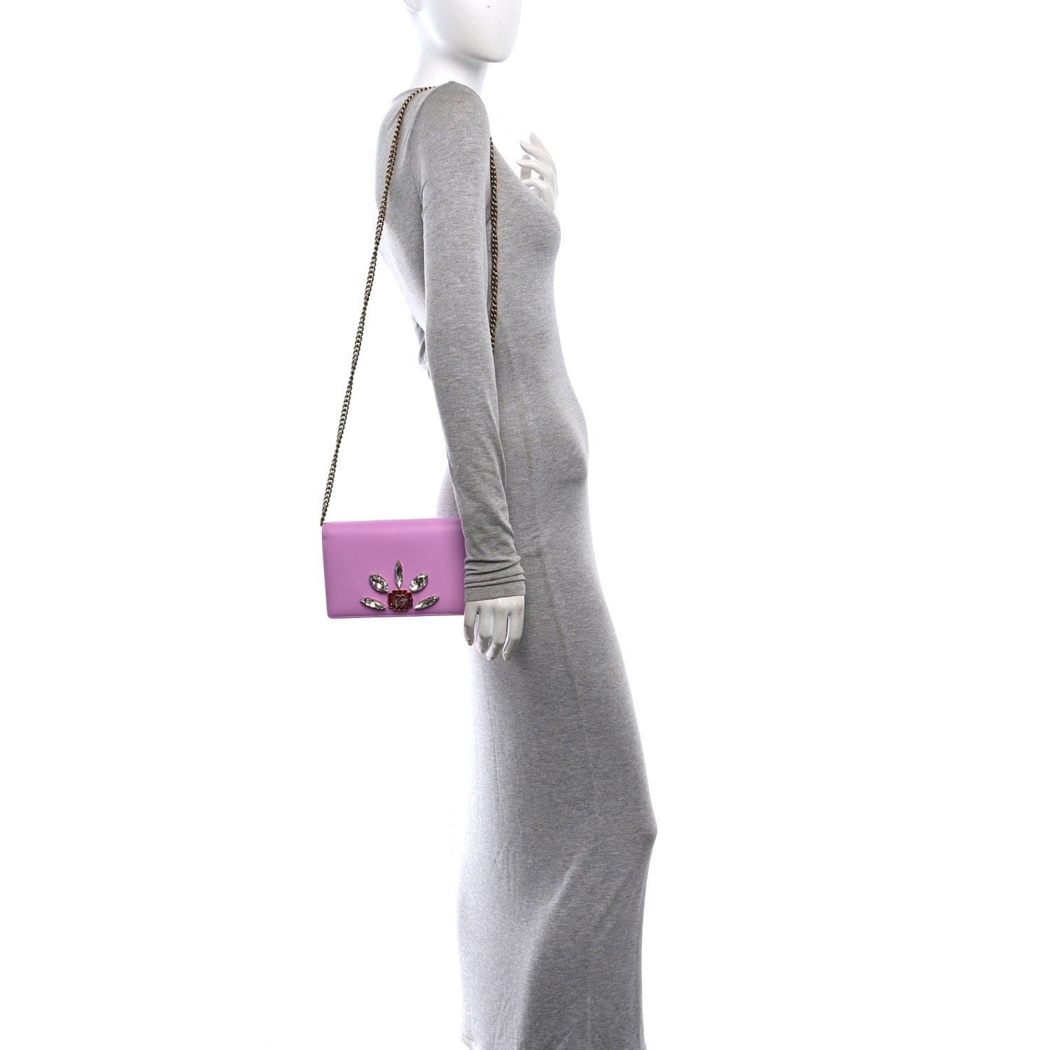 Gucci Calfskin Marquise Crystals Mini GG Chain Wallet Malva