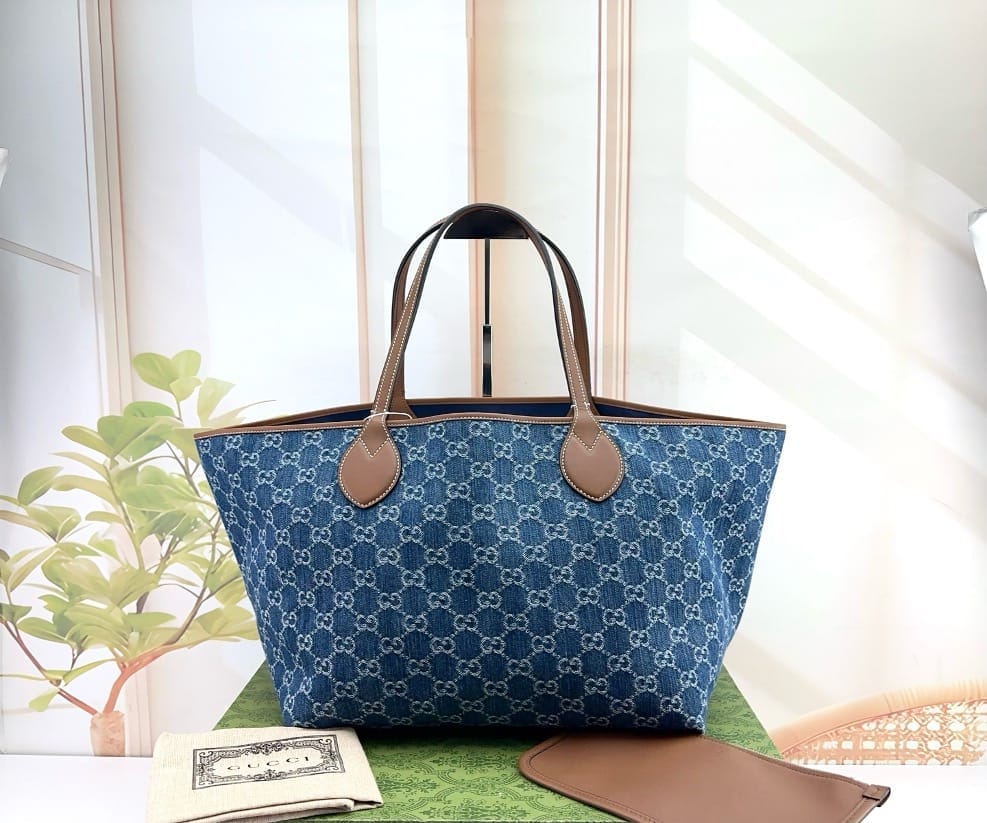 Gucci Blue GG Denim Medium Tote Bag with Brown Trim 22952863