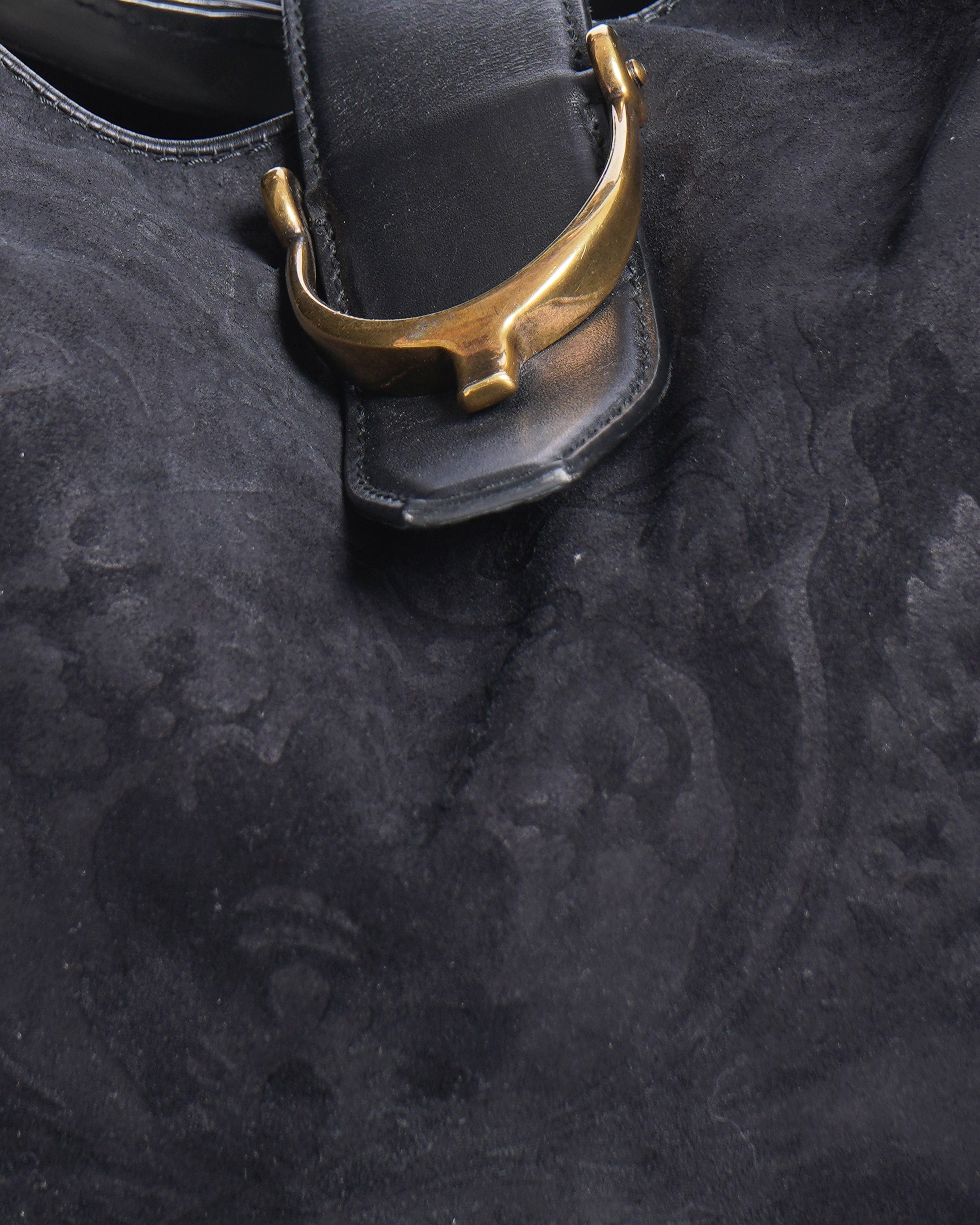 Gucci black brocade suede and leather stirup hobo bag