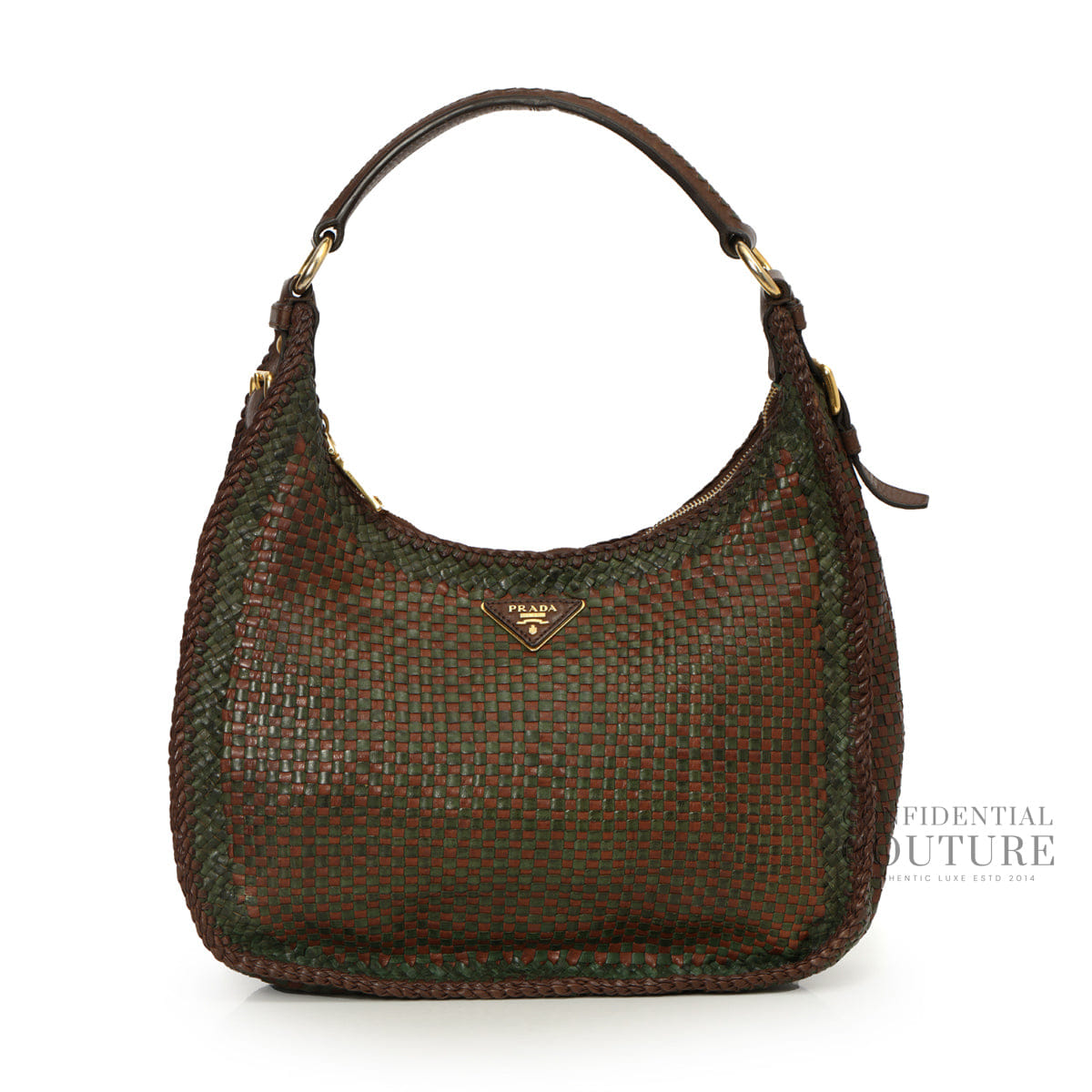 Prada Brown/Green Woven Leather Madras Hobo Bag