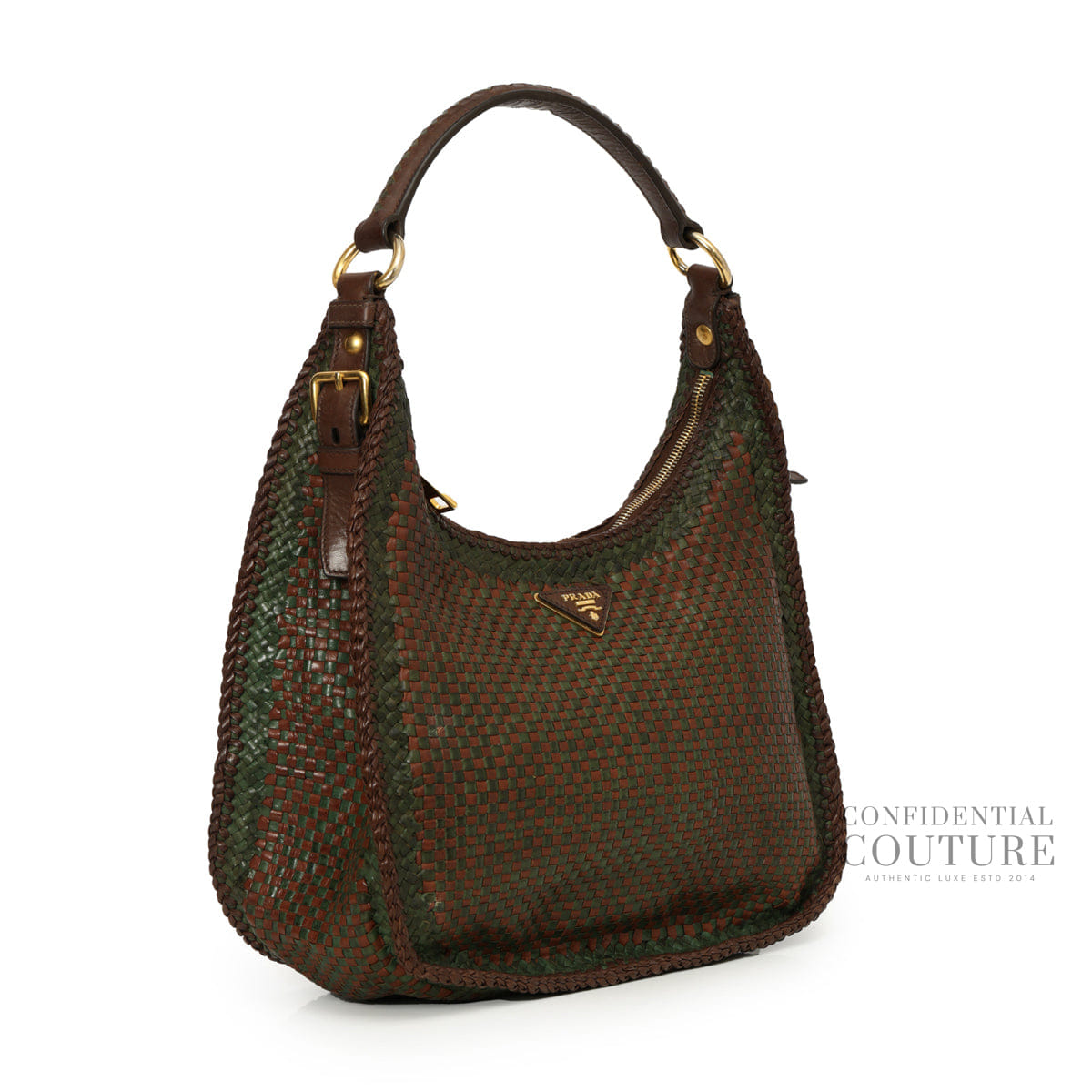 Prada Brown/Green Woven Leather Madras Hobo Bag