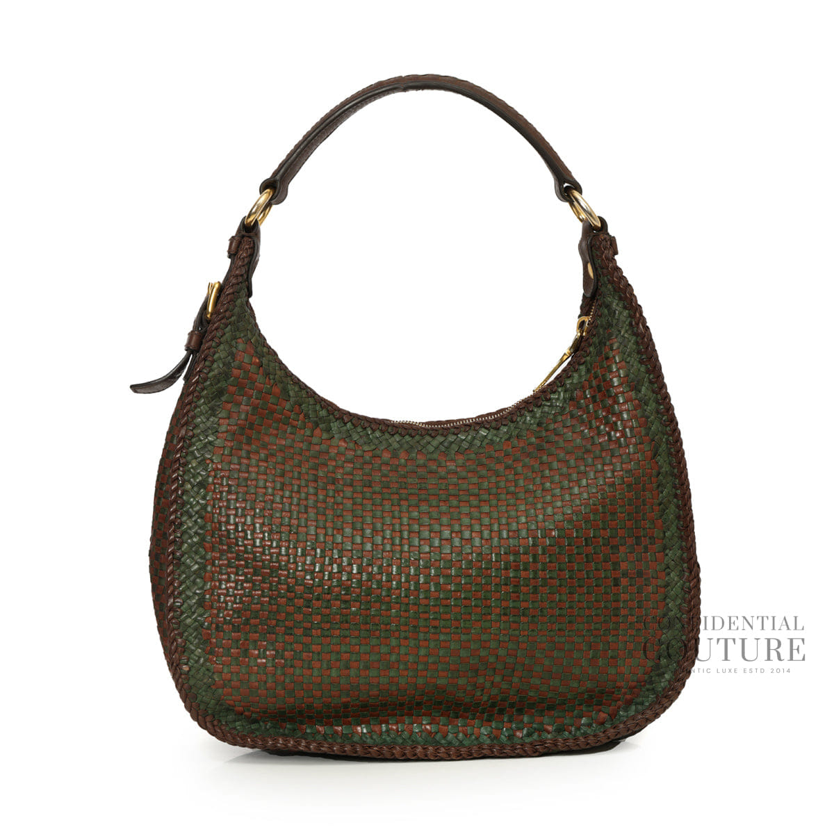 Prada Brown/Green Woven Leather Madras Hobo Bag