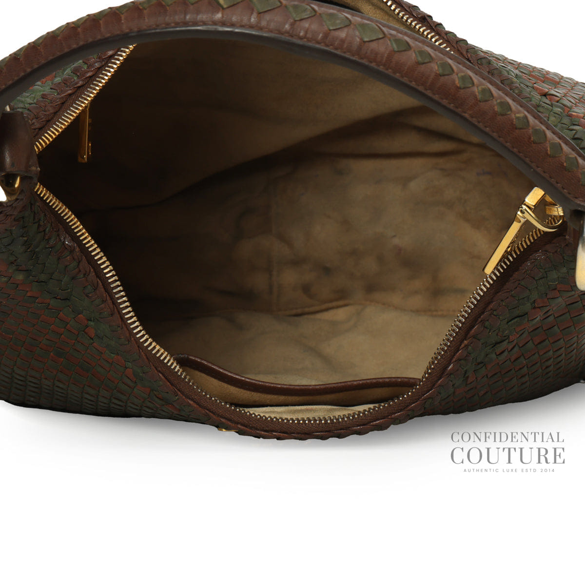 Prada Brown/Green Woven Leather Madras Hobo Bag