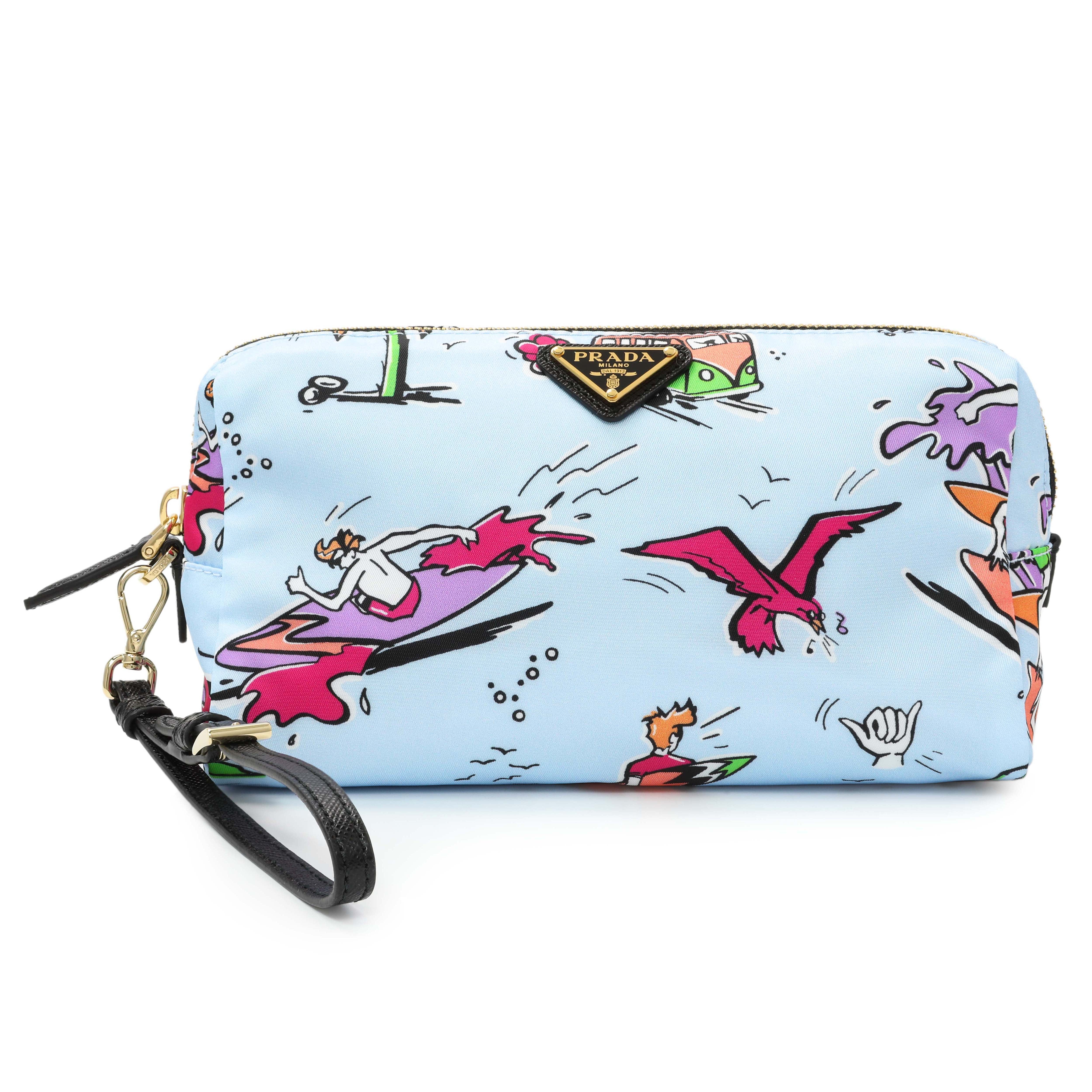 Prada Blue Tessuto Stampato Nylon Saffiano Surf Print Wrist Pouch