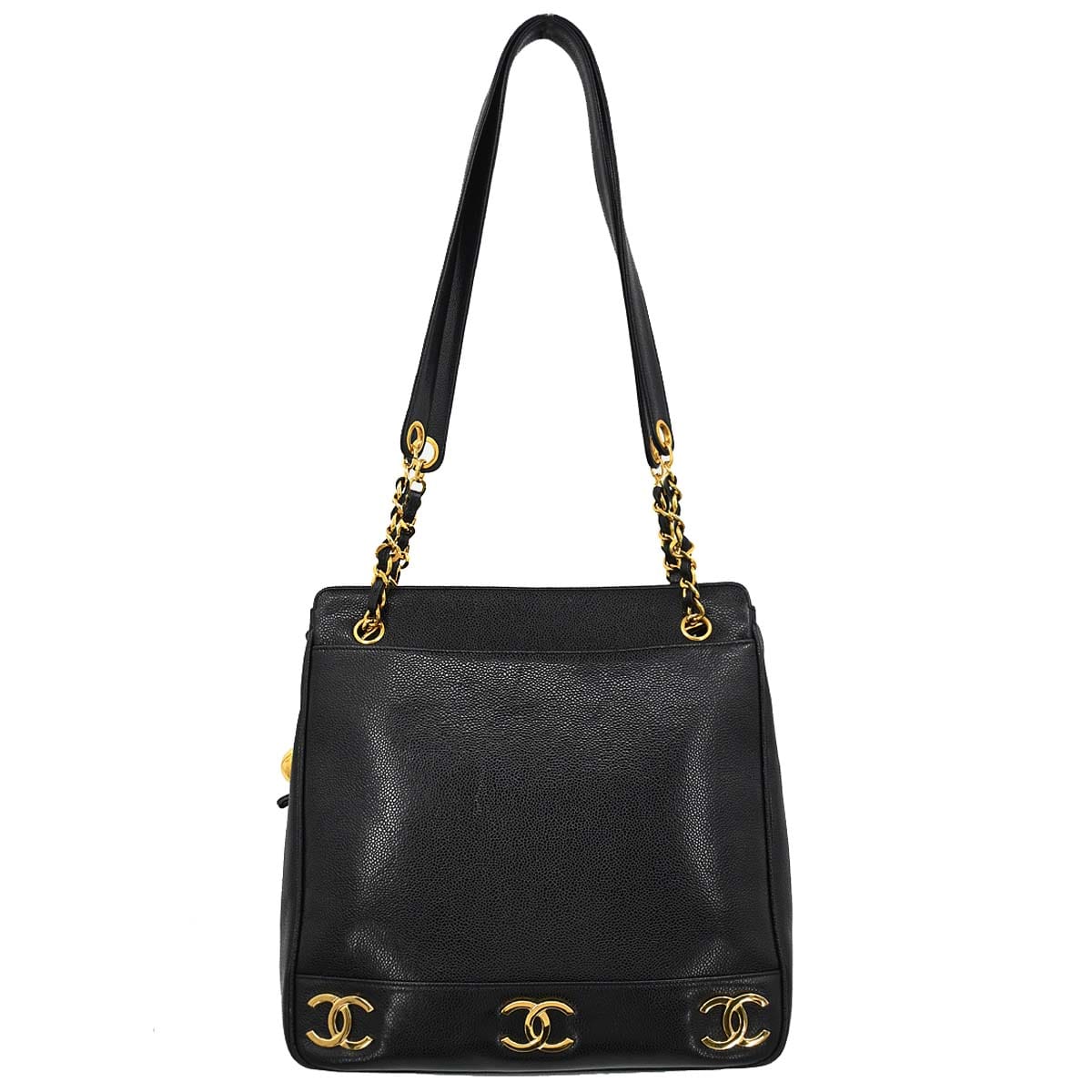 Chanel 1991 - 1994 Black Caviar Skin Triple CC Shoulder Tote Bag
