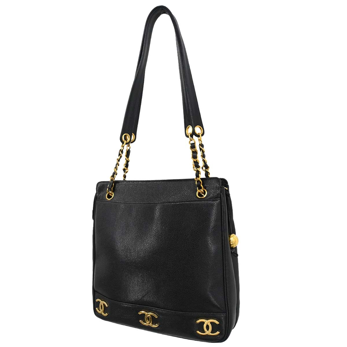 Chanel 1991 - 1994 Black Caviar Skin Triple CC Shoulder Tote Bag